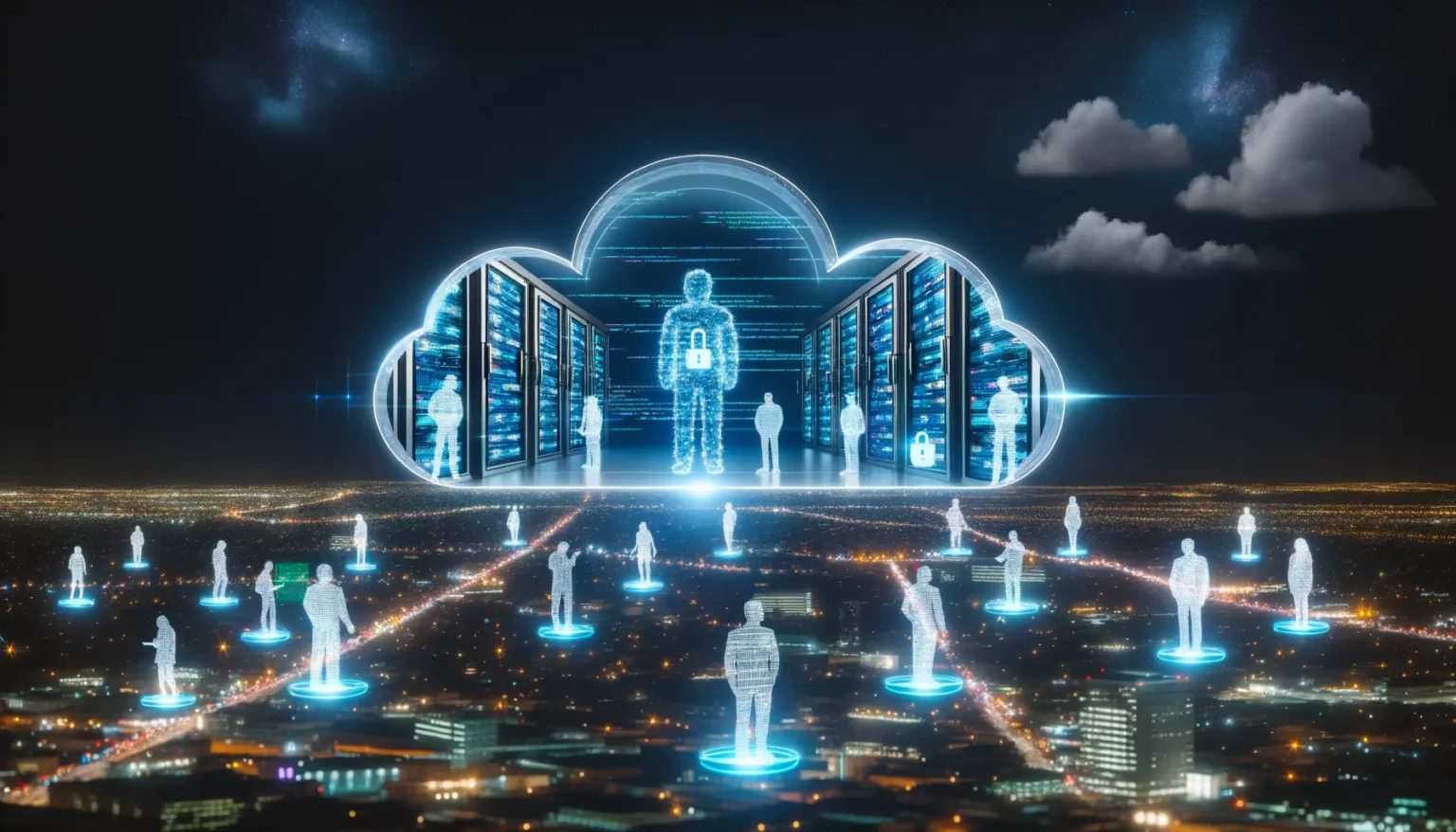 Digitale Darstellung eines Cloud-Computing-Konzepts über einer beleuchteten Stadt bei Nacht, mit leuchtenden, durchsichtigen Figuren, die über Strahlen mit einer zentralen Cloud-Struktur, von der aus weitere Figuren in einem Serverraum stehen, verbunden sind.