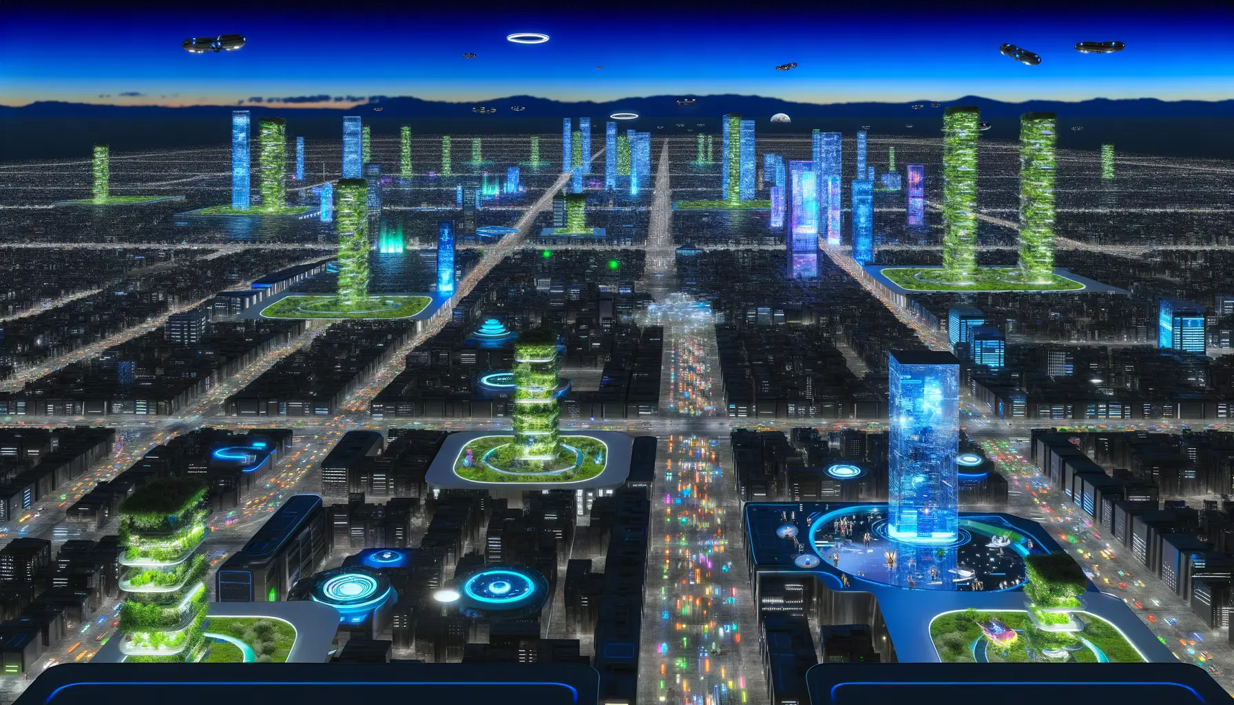 Futuristische Stadt bei Nacht mit leuchtenden Wolkenkratzern