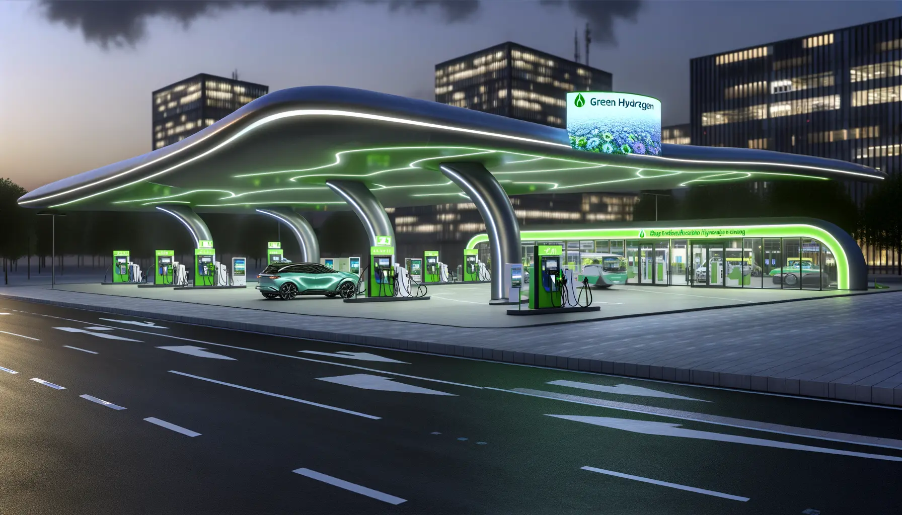 Futuristische Tankstelle mit grünem Wasserstoff