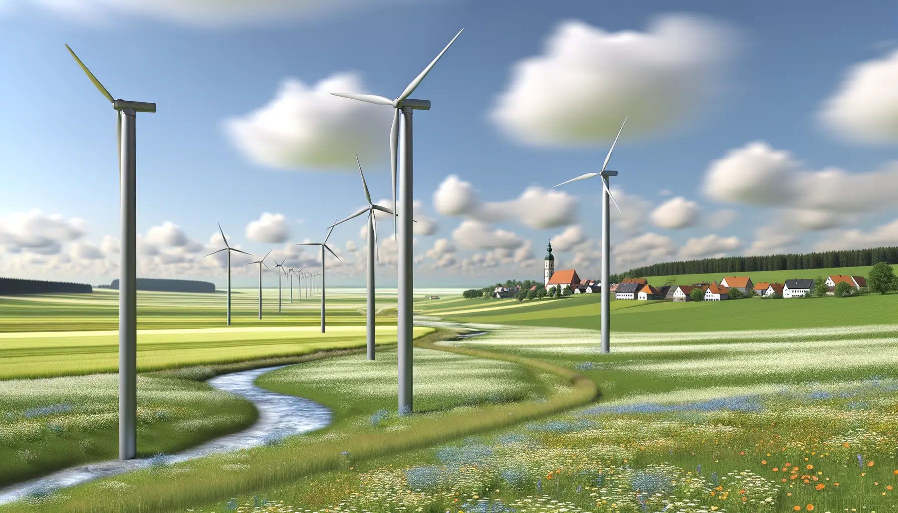 Futuristische Visualisierung von Windkraftanlagen in einer Landschaft