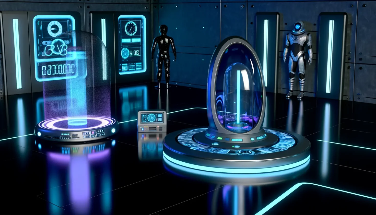 Futuristisches Inneres eines Raumschiffes oder einer Raumstation mit modernen Technologien und holographischen Anzeigen. Links ein holographischer Projektionsständer mit unbekannten Daten, in der Mitte eine Art Kapsel mit bläulicher Energie oder Substanz. Rechts steht ein humanoider Roboter in weiß-blauer Rüstung neben einer weiteren Tür. Die Szene ist in dunklen Blau- und Violetttönen gehalten, mit Neonlinien, die den Boden und die Wände zieren.
