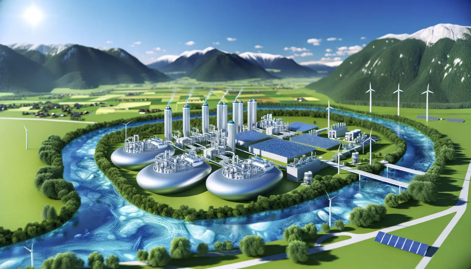 Eine futuristische Darstellung eines Industriekomplexes zur Energiegewinnung in einem grünen Tal, umgeben von Bergen. Der Komplex beinhaltet Windturbinen, Solarfelder und hohe zylindrische Strukturen, die möglicherweise Energieerzeugungsanlagen darstellen, umgeben von einem Fluss, der den Komplex schlängelt.