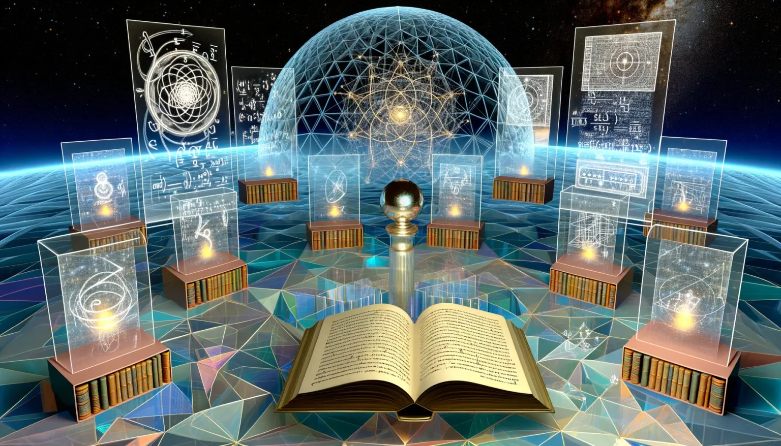 Digitales Konzeptbild, das Wissenschaft und Bildung thematisiert, mit einem geöffneten Buch im Vordergrund und darüber schwebenden holographischen Panels, die verschiedene wissenschaftliche und alchemistische Symbole darstellen. In der Mitte erhebt sich eine glühende Kugel innerhalb einer transparenten Sphäre. Das Bild ist vor einem kosmischen Hintergrund mit Sternen und einem Netz aus geometrischen Formen angeordnet.