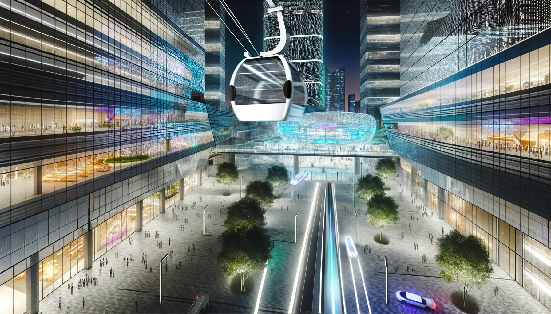 Futuristische Seilbahn ORIZON™ bei Nacht über städtischem Areal