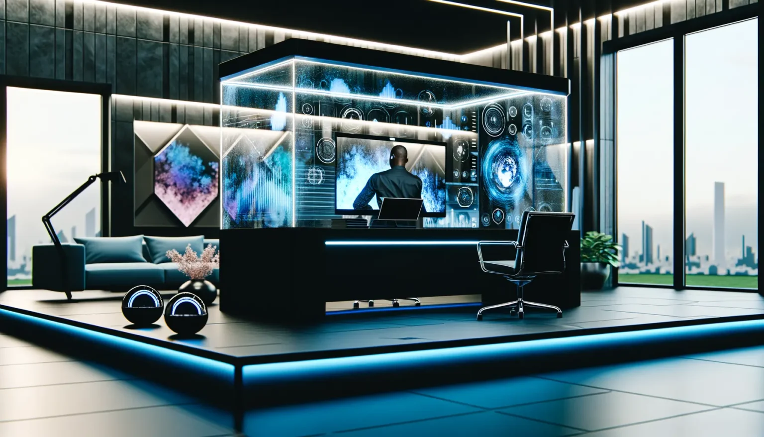 Ein modern gestaltetes Büro mit futuristischen Elementen, in dem eine Person von hinten gesehen an einem Schreibtisch mit einem mehrschichtigen, transparenten Computermonitor arbeitet. Das Büro verfügt über große Fenster mit Blick auf eine städtische Skyline, stilvolle Möbel und leuchtend blaue Akzentbeleuchtung.