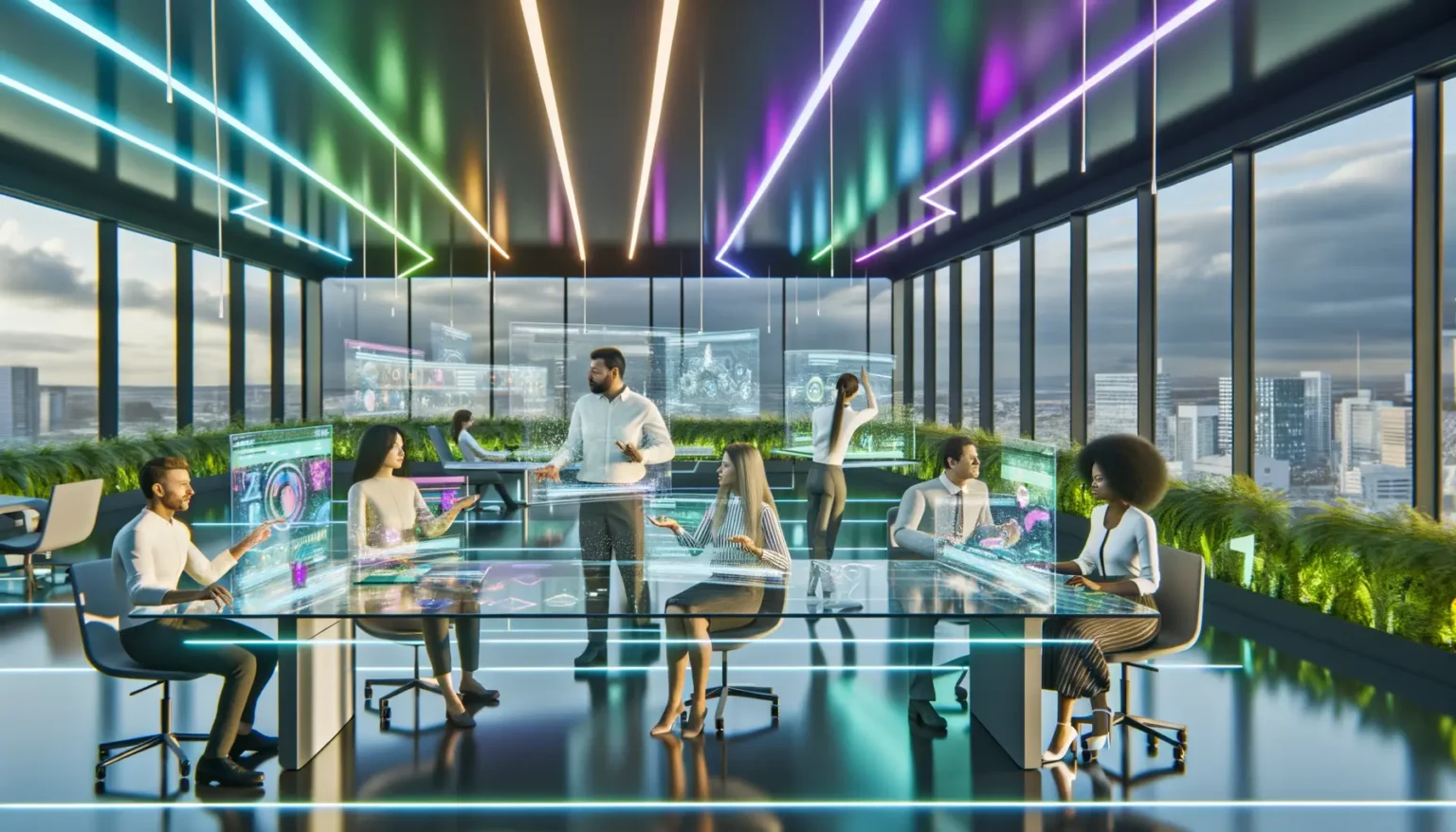 Ein futuristisches Büro, in dem Personen an transparenten, beleuchteten Arbeitsstationen interagieren. Überall in dem Raum verlaufen Neonlichter und holographische Bildschirme. Durch die Fensterfront sieht man eine moderne Stadtlandschaft bei Tageslicht.