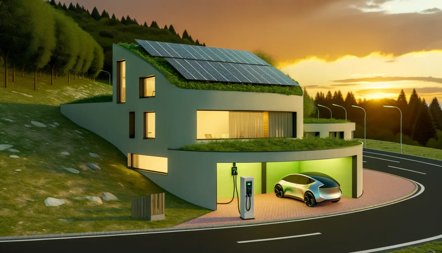 Modernes, umweltfreundliches Haus mit grünen Dächern und Photovoltaikanlage, neben einer Straße bei Sonnenuntergang. Eine Elektroladesäule befindet sich im Vorgarten, und ein silbernes Elektroauto wird gerade aufgeladen.