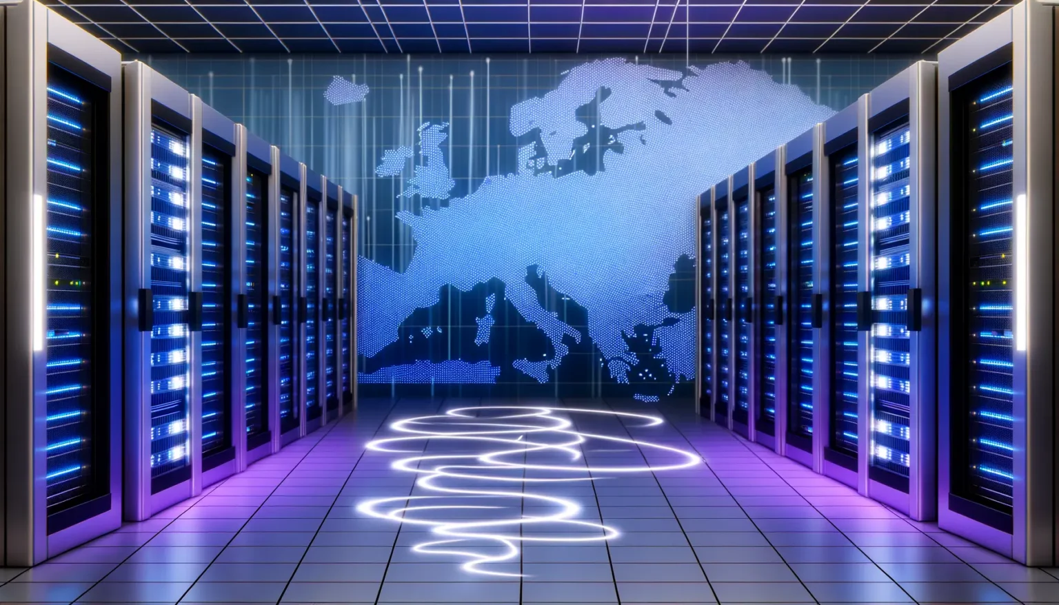 Ein modernes Datenzentrum mit hohen Serverracks, die blaue Lichter ausstrahlen. Im Hintergrund ist eine digitale Weltkarte in blauen Punkten an der Wand, und der Boden zeigt Spuren von weißen Lichtern, die sich wie ein Pfad durch den Raum schlängeln.