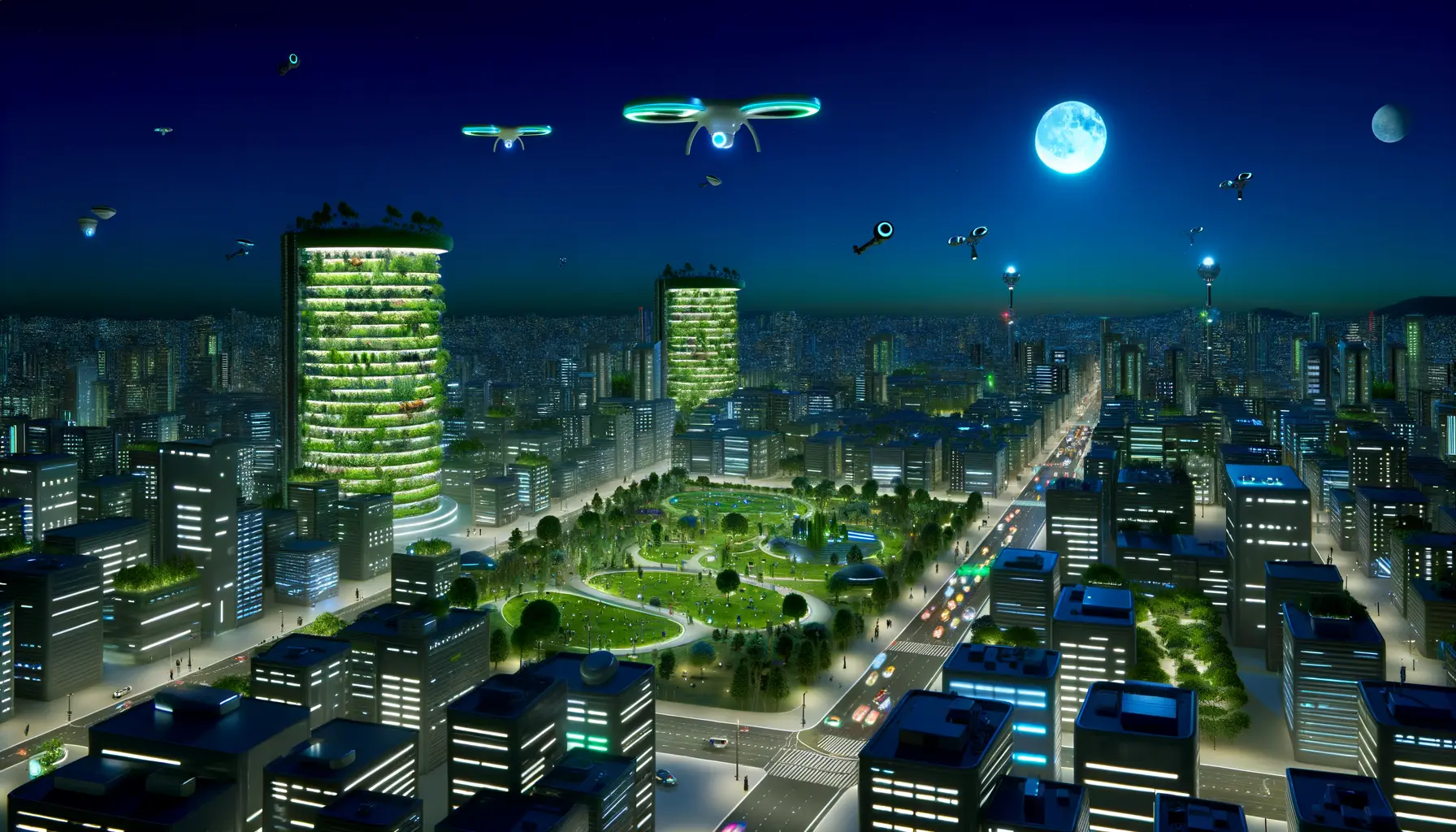 Futuristisches Stadtbild bei Nacht