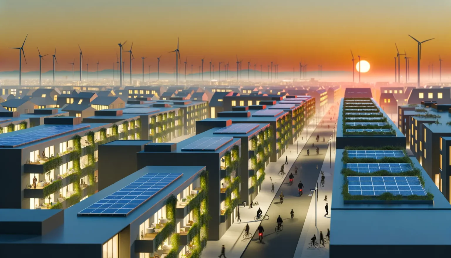 Blick auf eine moderne, nachhaltige Stadt bei Sonnenuntergang mit mehrstöckigen Gebäuden, auf deren Dächern Solarmodule und begrünte Flächen sind; im Hintergrund Windkraftanlagen und ein leuchtend orange-rot gefärbter Himmel über dem Horizont.