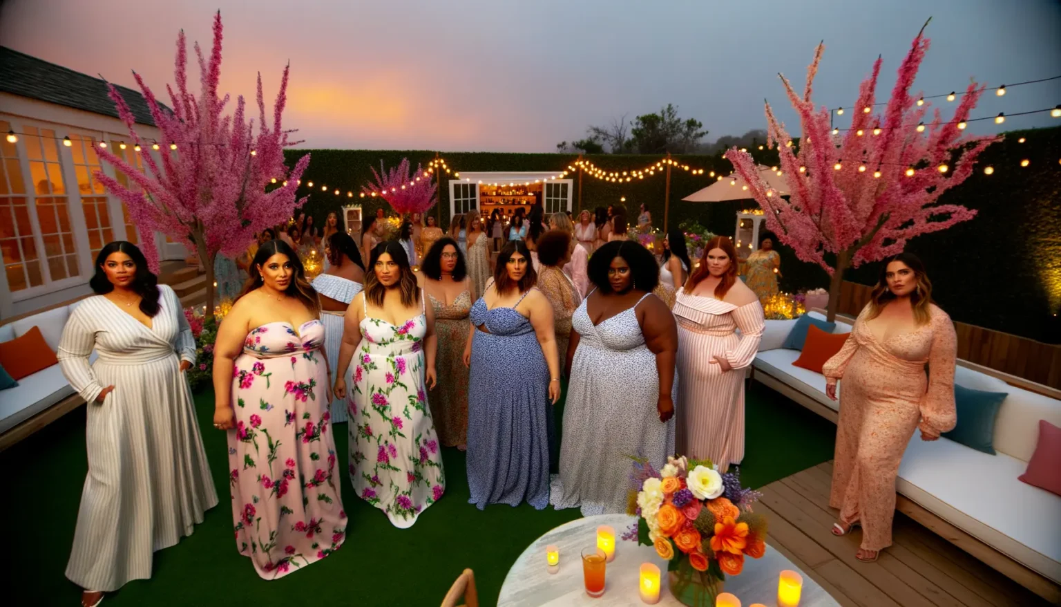 Gruppe von Frauen in eleganter Abendgarderobe auf einer Outdoor-Party bei Sonnenuntergang, umgeben von leuchtenden Lichterketten und dekorativen rosa Bäumen.