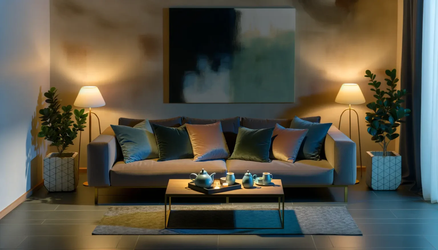 Gemütliches Wohnzimmer in der Abenddämmerung mit einem beigen Sofa voller Kissen in Blau- und Rosatönen, davor ein niedriger Tisch mit einer Teekanne und Tassen. An beiden Seiten des Sofas stehen Pflanzen auf geometrischen Behältern. Über dem Sofa hängt ein abstraktes Gemälde mit dunklen und hellblauen Farben, und die Szene wird durch warmes Licht von Stehlampen akzentuiert.