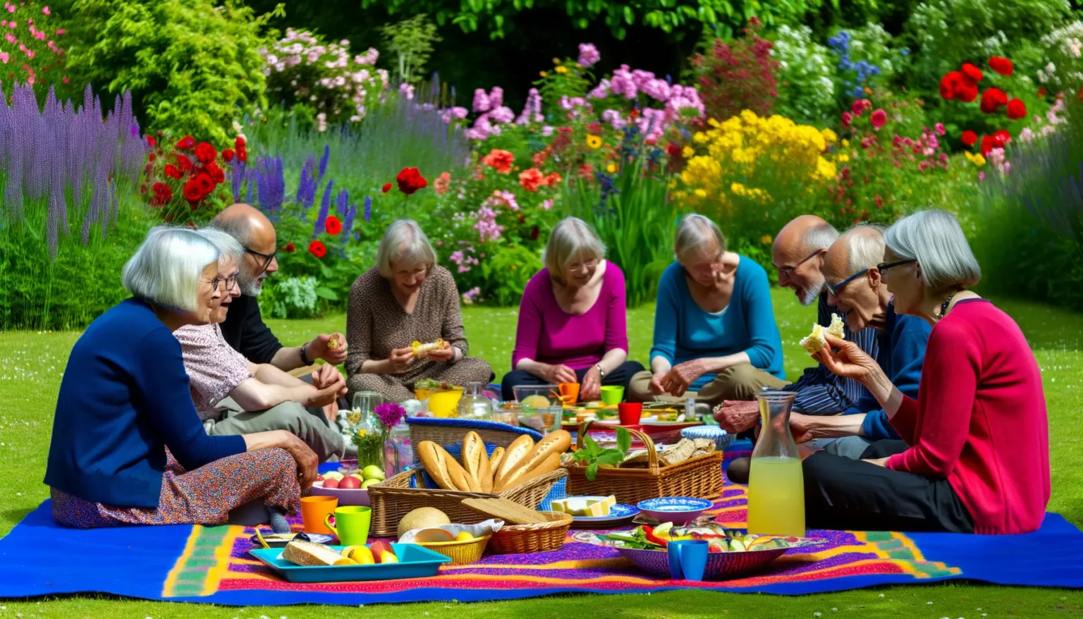Eine Gruppe älterer Menschen genießt ein Picknick auf einer bunten Decke im Gras, umgeben von einem wunderschönen, blühenden Garten. Sie sind lächelnd und essen gemeinsam, mit einem Arrangement aus Brot, Obst und Getränken vor ihnen. Die Atmosphäre ist fröhlich und entspannt.