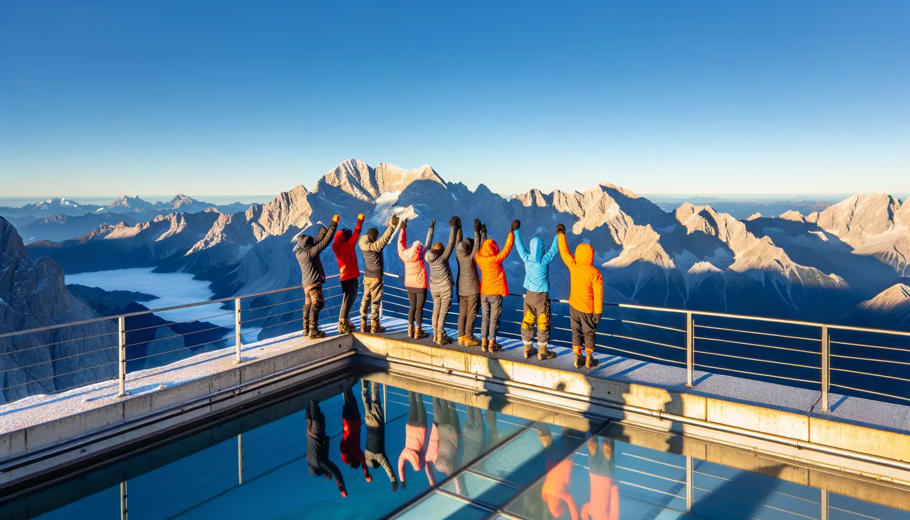 Eine Gruppe von Wanderern erreicht bei Sonnenaufgang den Gipfel der Zugspitze mit Blick auf das Alpenpanorama.