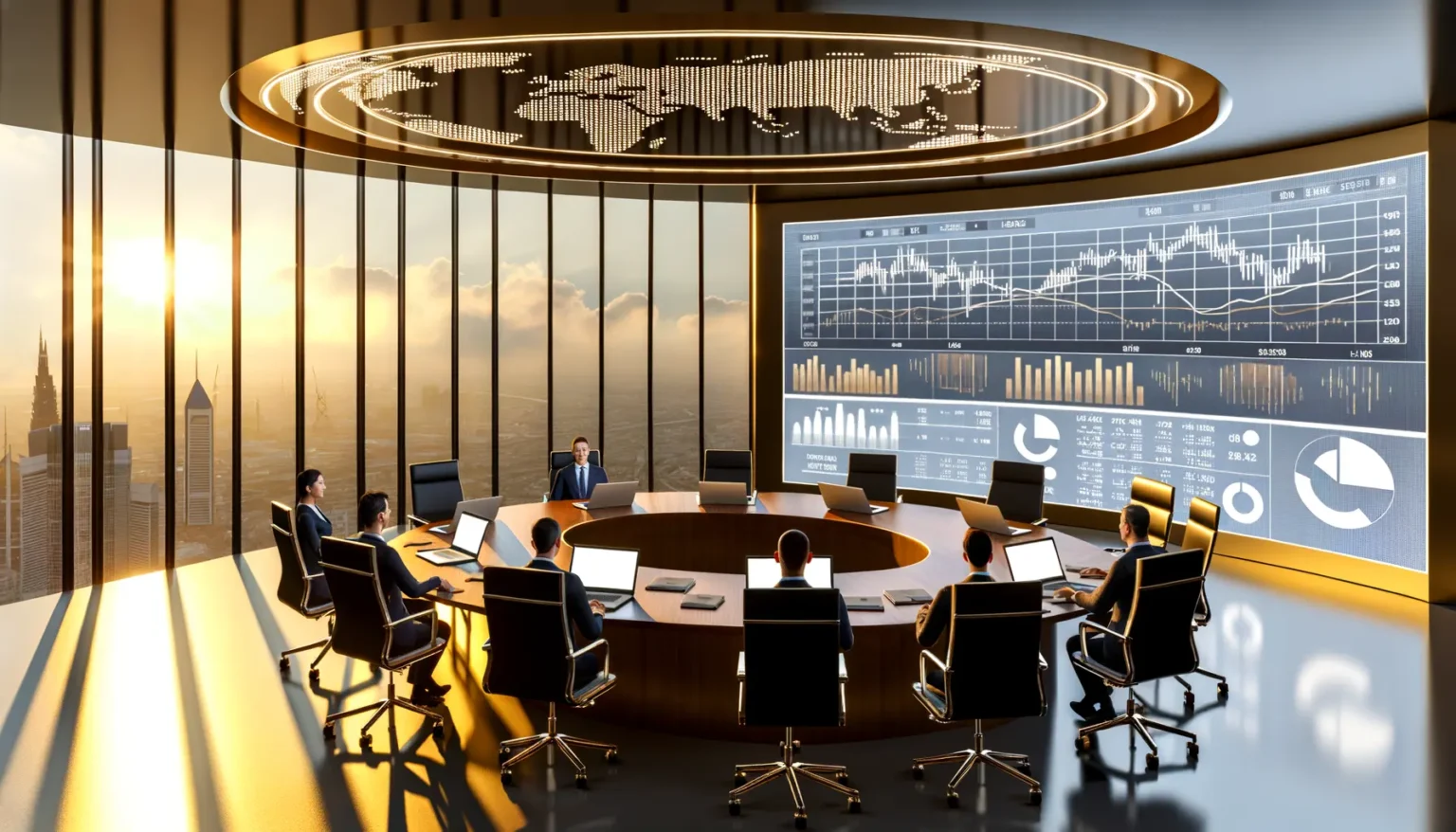 Eine Gruppe von Menschen in einem modernen Konferenzraum mit Panoramablick auf eine Stadt bei Sonnenuntergang. Sie sitzen um einen ovalen Tisch mit Laptops und Unterlagen, während große Bildschirme an der Wand Finanzdaten und Weltkarten anzeigen.
