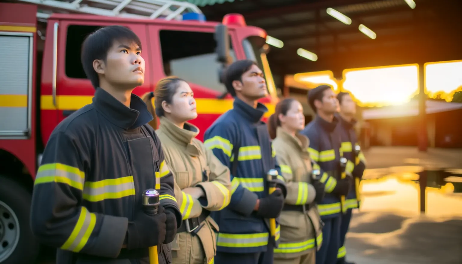 Gruppe von Feuerwehrleuten in voller Ausrüstung steht ernst nebeneinander vor einem Feuerwehrfahrzeug mit verschwommenem Hintergrund eines Feuerwehrdepots im Sonnenuntergang.