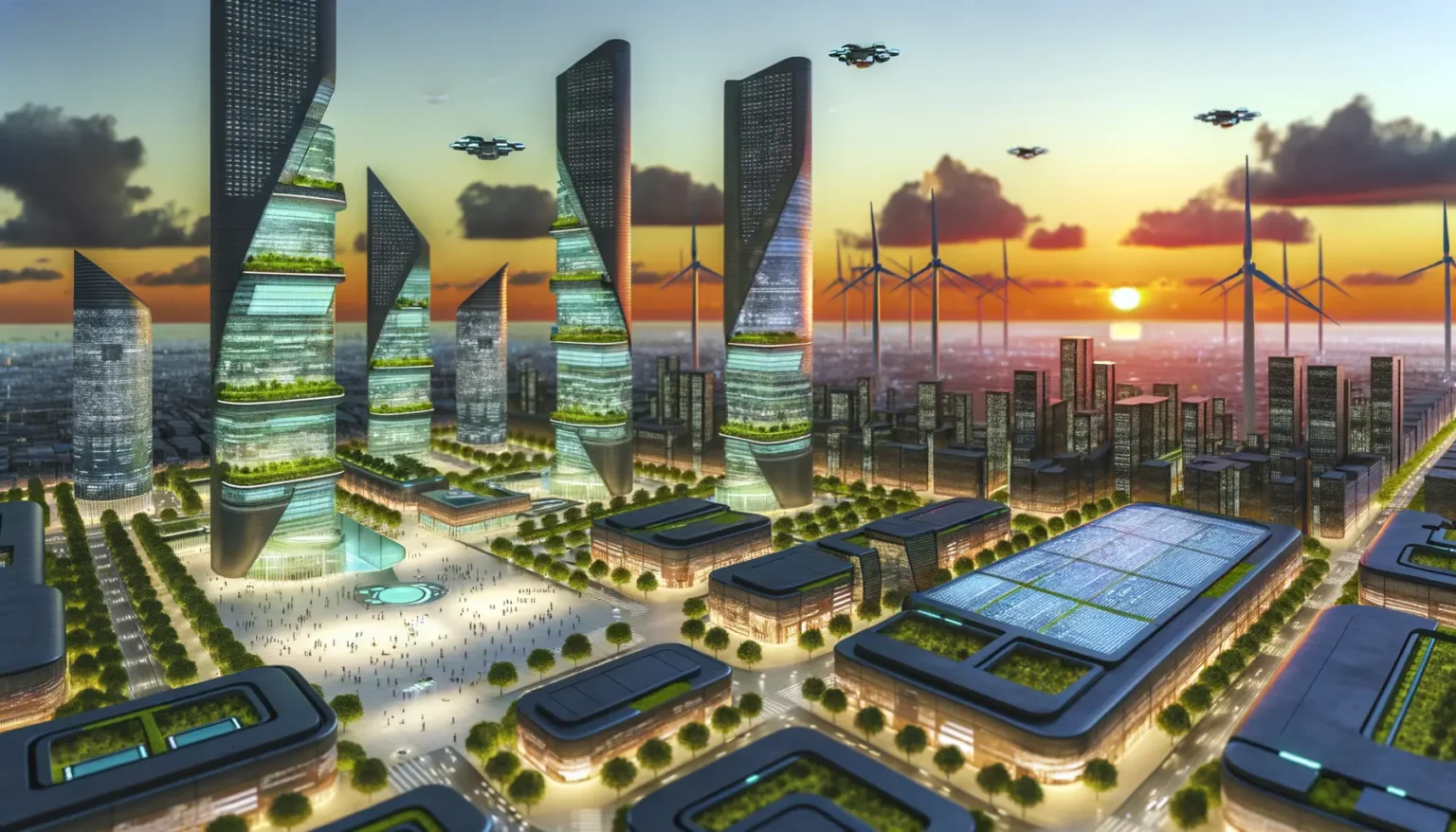 Futuristische Stadtansicht bei Sonnenuntergang mit Hochhäusern und integrierter grüner Vegetation, Windkraftanlagen am Horizont und fliegenden Fahrzeugen im Himmel.