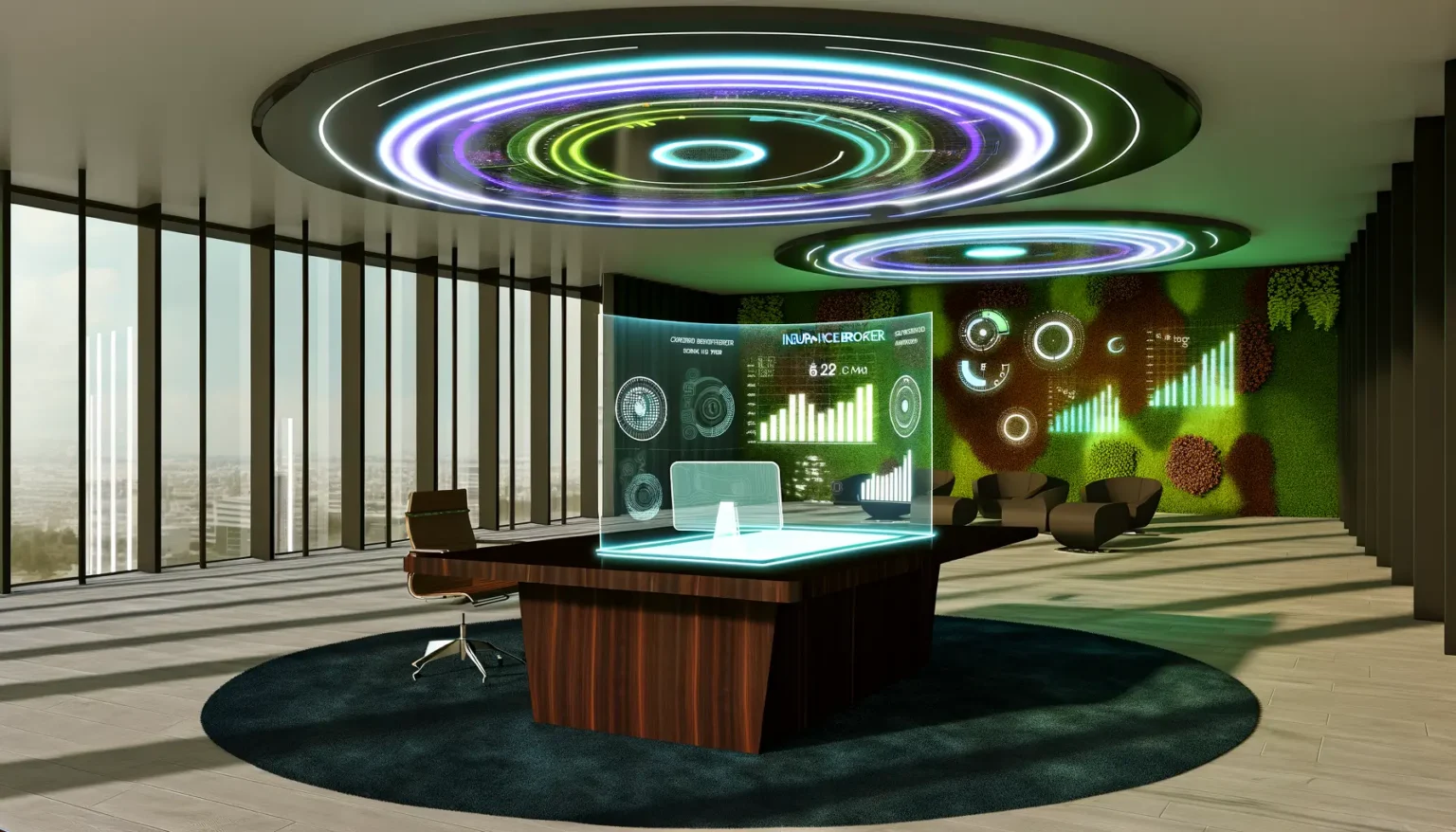 Moderne Büroeinrichtung mit futuristischem Design, einschließlich eines Schreibtisches mit holographischen Displays, umgeben von hohen Fenstern mit Blick auf eine Stadtlandschaft. Über dem Raum schwebt eine große, leuchtende Deckeninstallation, die an eine Galaxie erinnert. An der Wand befindet sich eine grüne, pflanzenbedeckte Darstellungsfläche mit interaktiven Schaubildern. Im Hintergrund sind stilvolle Sitzgelegenheiten und stufenförmige Holzelemente zu sehen.