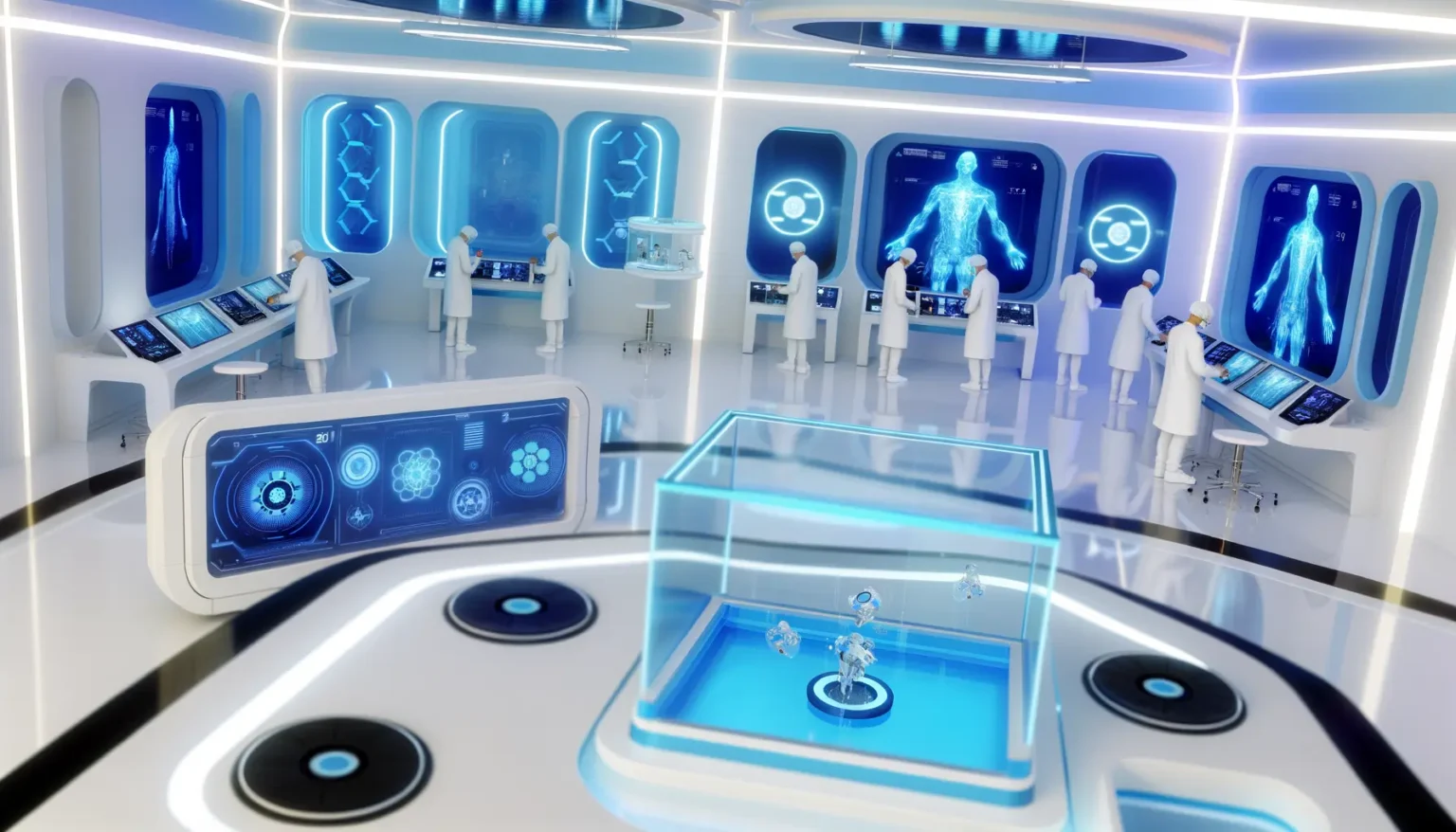 Futuristisches Labor mit Personen in weißen Labormänteln, die an verschiedenen hochmodernen Stationen arbeiten, umgeben von interaktiven Bildschirmen und digitalen Anzeigen, die medizinische und wissenschaftliche Daten zeigen. Im Zentrum befindet sich eine transparente holographische Darstellung von menschlichen Figuren.