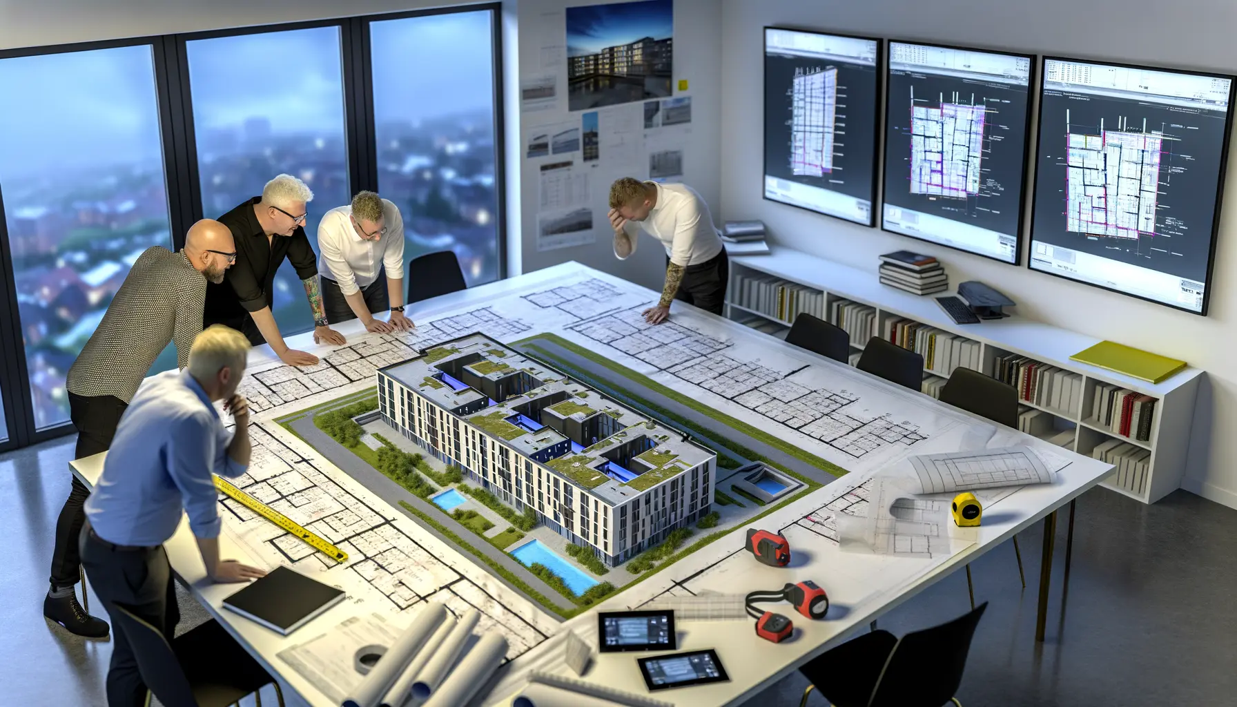 Hyperrealistische Darstellung eines Architektenbüros während der Planungsphase