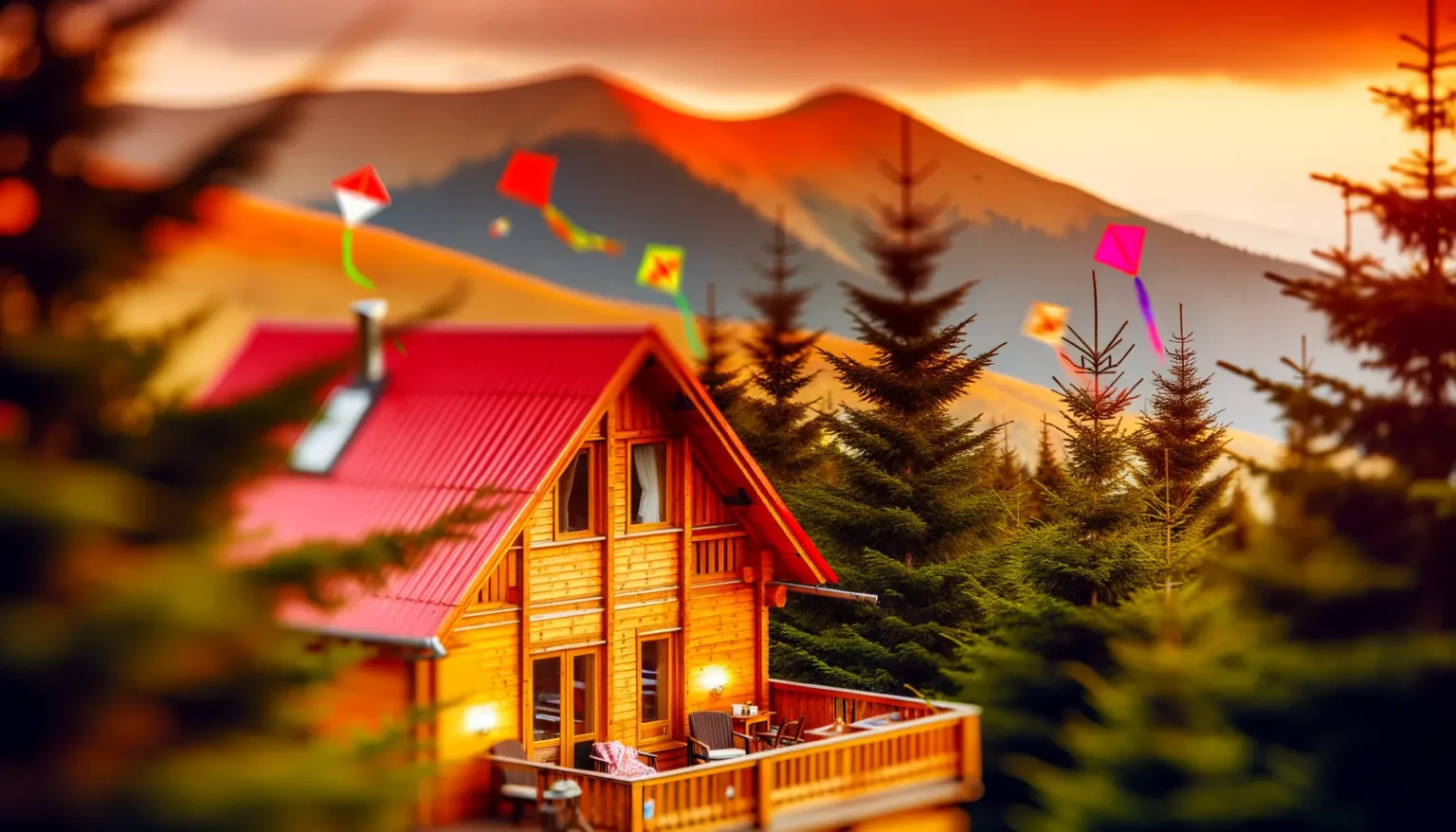 Ein gemütliches Holzhaus mit rotem Dach steht im Vordergrund, umgeben von hohen Tannen. Bunte Drachen fliegen im Hintergrund über eine malerische Berglandschaft unter einem orangefarbenen Himmel im Sonnenuntergang.