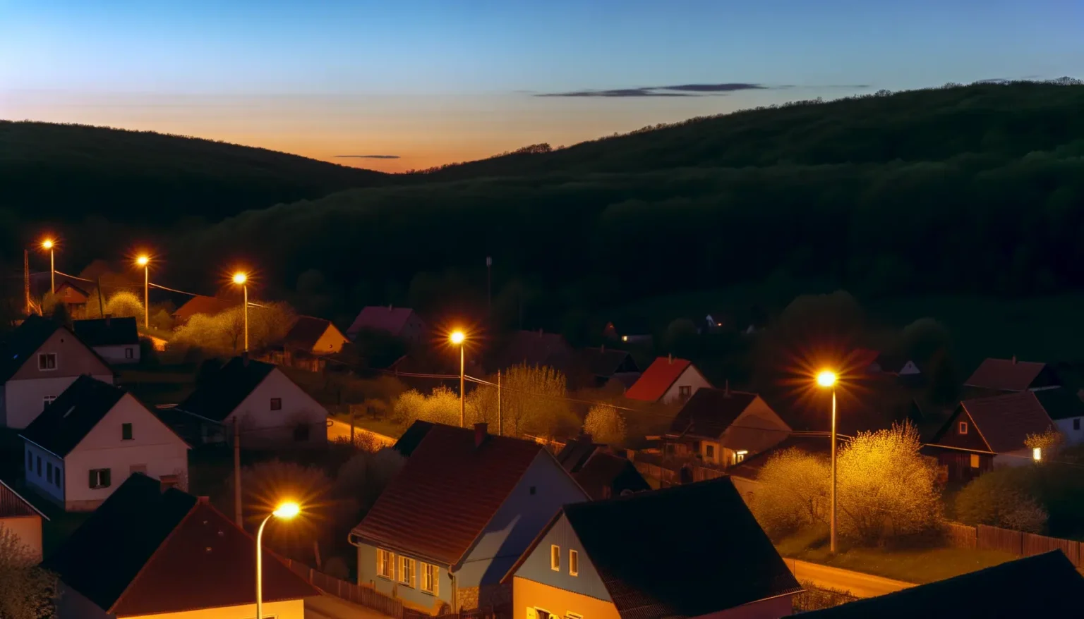 Eine idyllische Dorfansicht bei der Abenddämmerung mit beleuchteten Straßenlaternen, die ein warmes Licht auf die umliegenden Wohnhäuser werfen. Im Hintergrund erhebt sich ein bewaldeter Hügel vor einem pastellfarbenen Himmel, der von den letzten Strahlen des Sonnenuntergangs erleuchtet wird.