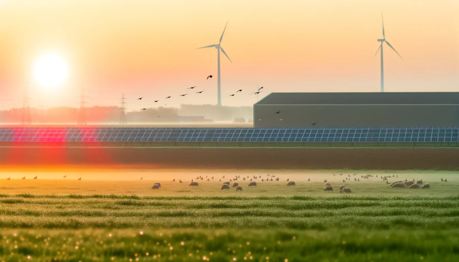 Ein Sonnenaufgang über einer ländlichen Landschaft mit Windturbinen und Solarmodulen im Hintergrund. Im Vordergrund weiden Schafe auf einem Feld, das von Morgentau glitzert. Vögel fliegen am orangefarbenen Himmel, und Stromleitungen erstrecken sich entlang des Bildrandes.