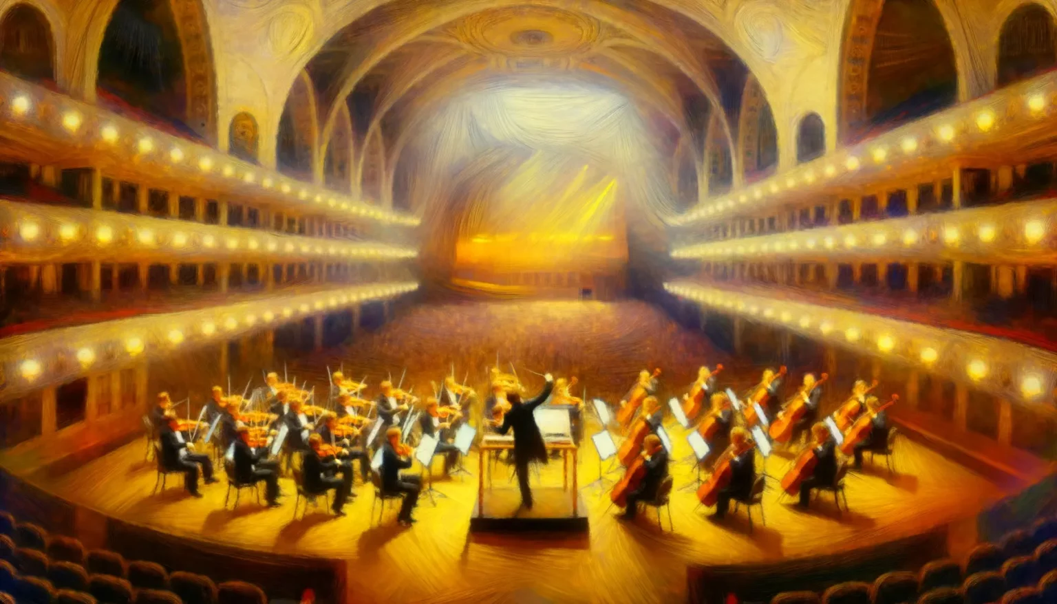 Ein Orchester während einer Aufführung in einem eleganten Konzertsaal mit mehreren Ebenen von Logen. Ein Dirigent steht in der Mitte vor den Musikern, die Streichinstrumente spielen. Die Szene ist beleuchtet durch warmes Licht, das den Saal in eine anmutige, träumerische Atmosphäre taucht. Der Stil des Bildes ist weich und erinnert an ein Ölgemälde mit verwischten Konturen und strahlenden Farben.