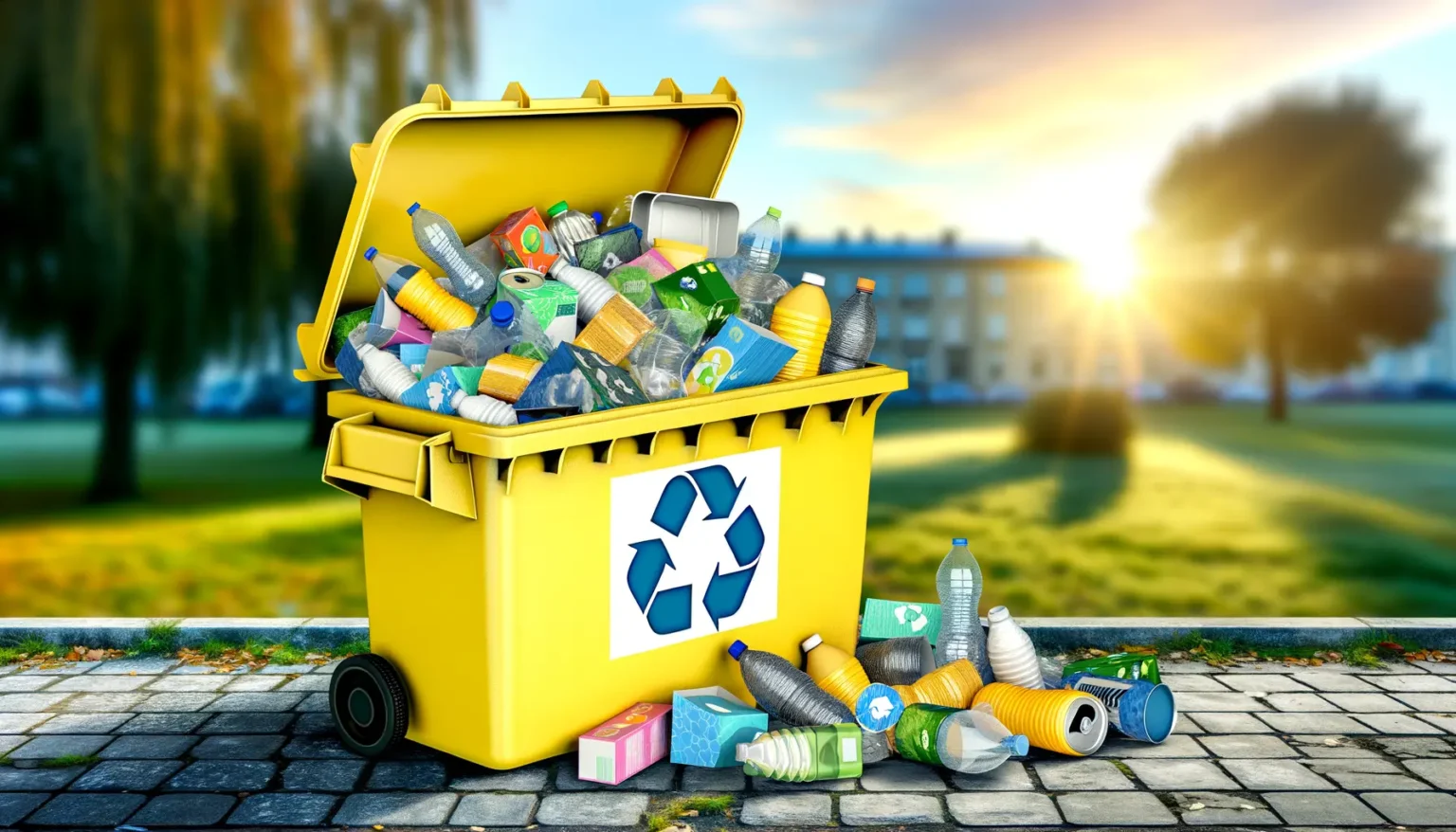 Eine überquellende gelbe Recyclingtonne mit verschiedenen Plastikflaschen, Dosen und Verpackungen auf einem gepflasterten Weg vor einer städtischen Parklandschaft mit Sonnenuntergang im Hintergrund. Auf der Tonne ist das Recycling-Symbol zu erkennen.