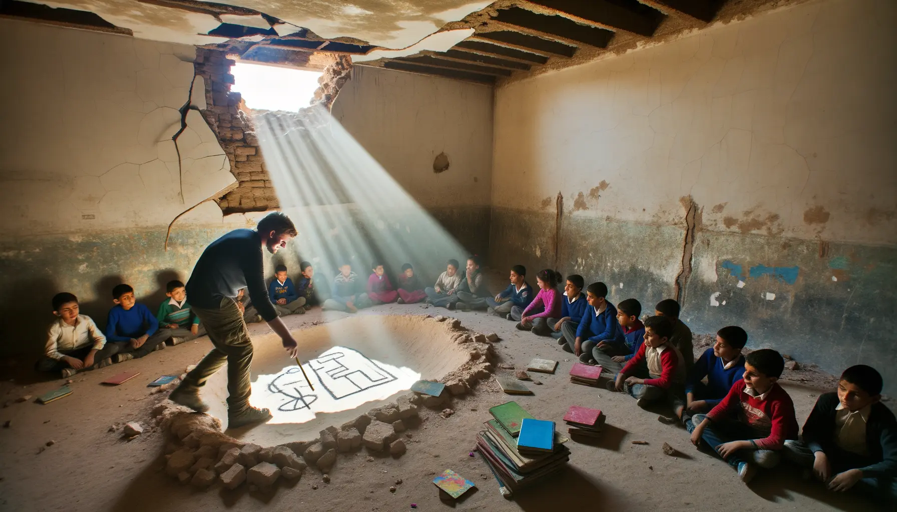 Improvisiertes Klassenzimmer in einem verlassenen Gebäude
