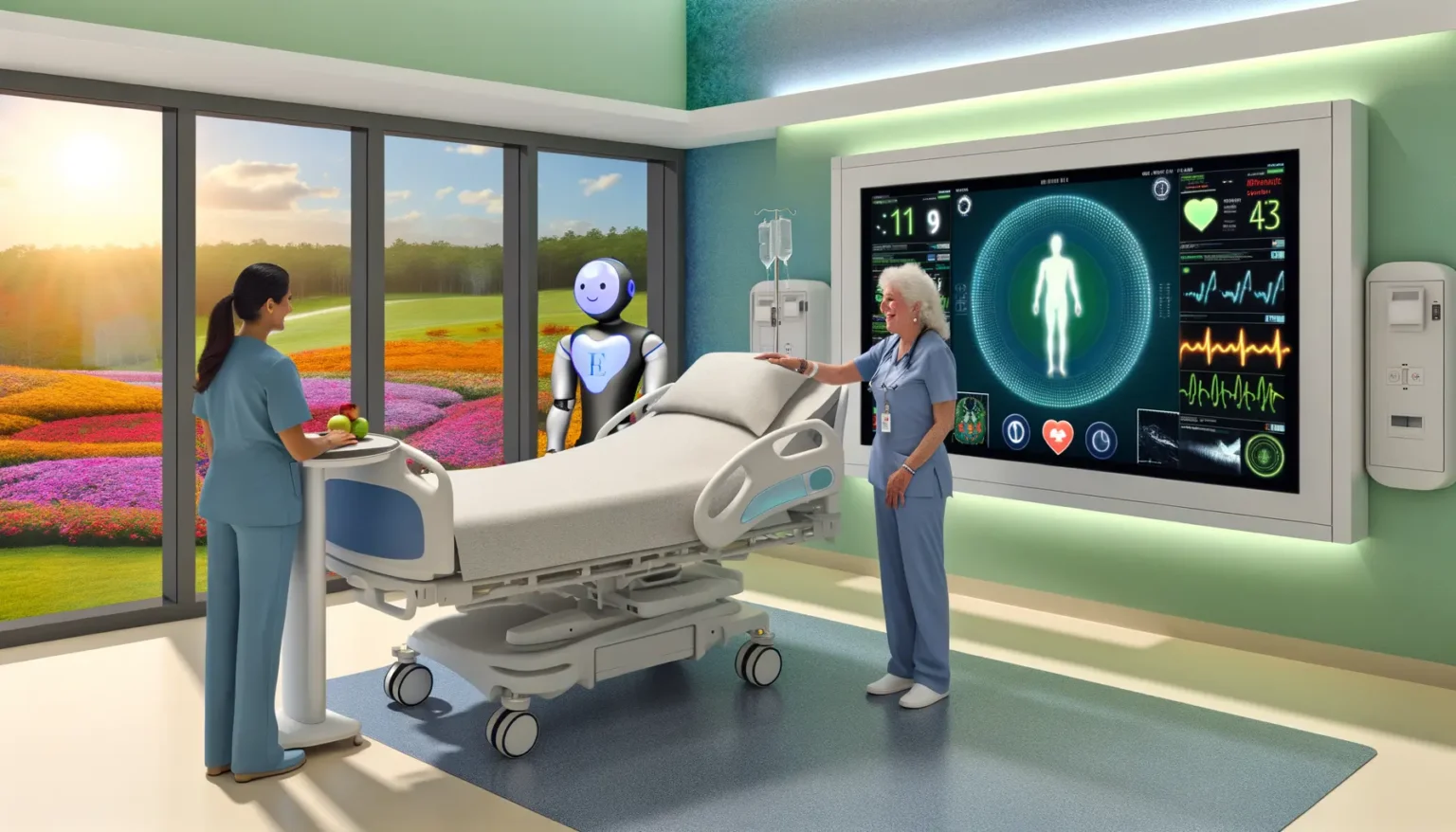 Eine futuristische Krankenhauszimmerszene mit einer Frau in medizinischer Berufskleidung, die einem menschenähnlichen Roboter etwas am Krankenhausbett erklärt. Links im Bild steht eine andere medizinische Fachkraft, die auf ein Tablett mit Obst schaut. Durch das Fenster ist eine idyllische Landschaft mit farbenfrohen Blumenfeldern und Bäumen sichtbar. An der Wand befindet sich ein großes digitales Display, das verschiedene Gesundheitsmetriken anzeigt.