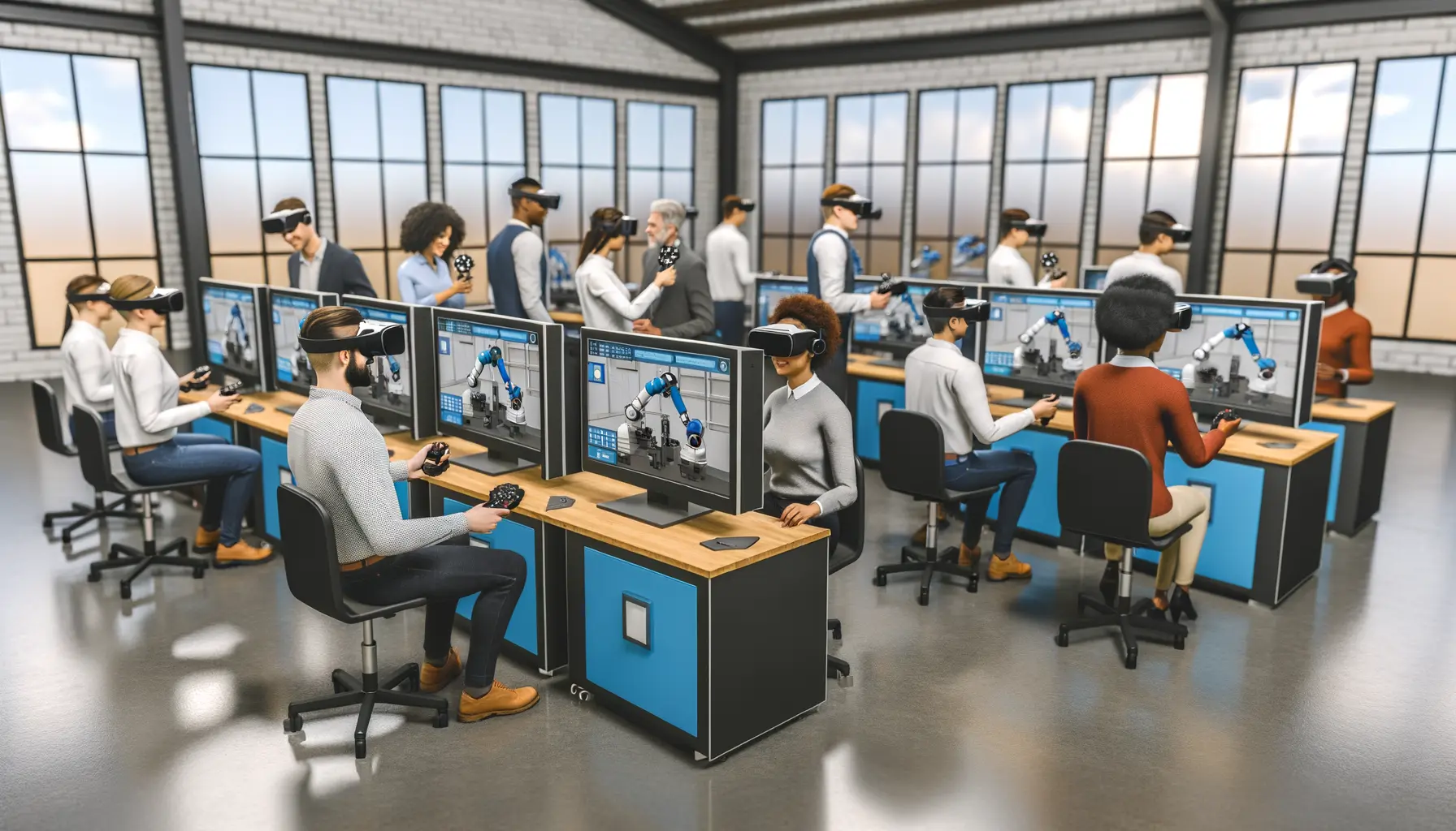 Interaktive Schulung in einem modernen Schulungszentrum mit virtuellen Cobots.