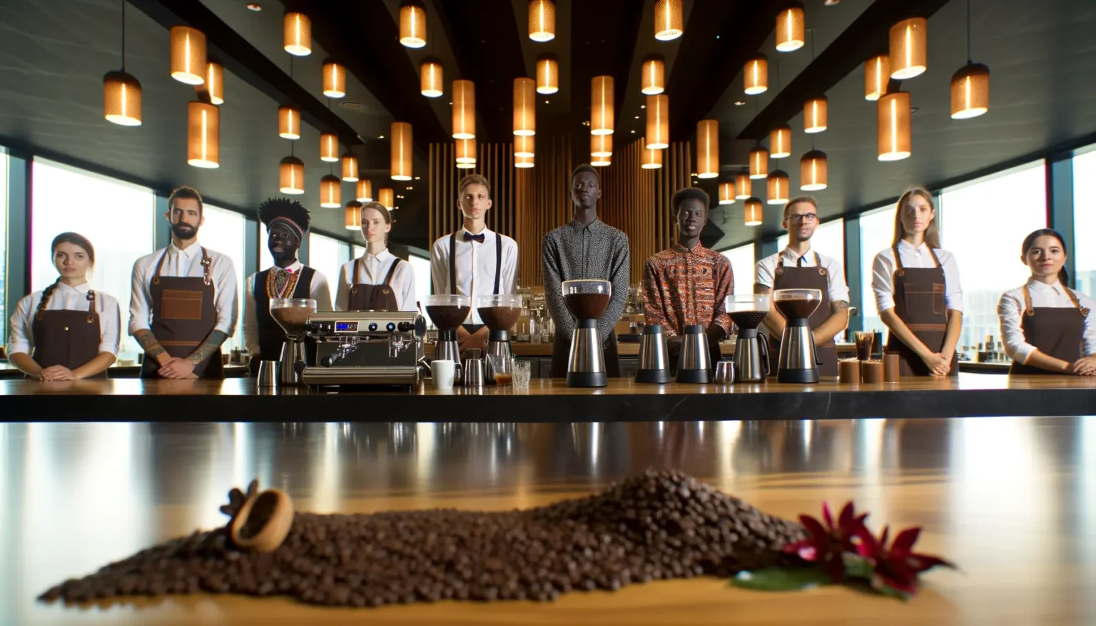 Eine Gruppe von Baristas verschiedener Ethnizitäten in einheitlicher Arbeitskleidung steht hinter einer Bar mit Espressomaschinen und Kaffeemühlen. Kaffeebohnen sind auf der Theke verstreut und eine kleine Kaffeekanne liegt auf der Seite. Im Hintergrund hängen stilvolle Pendelleuchten, die ein warmes Licht ausstrahlen.
