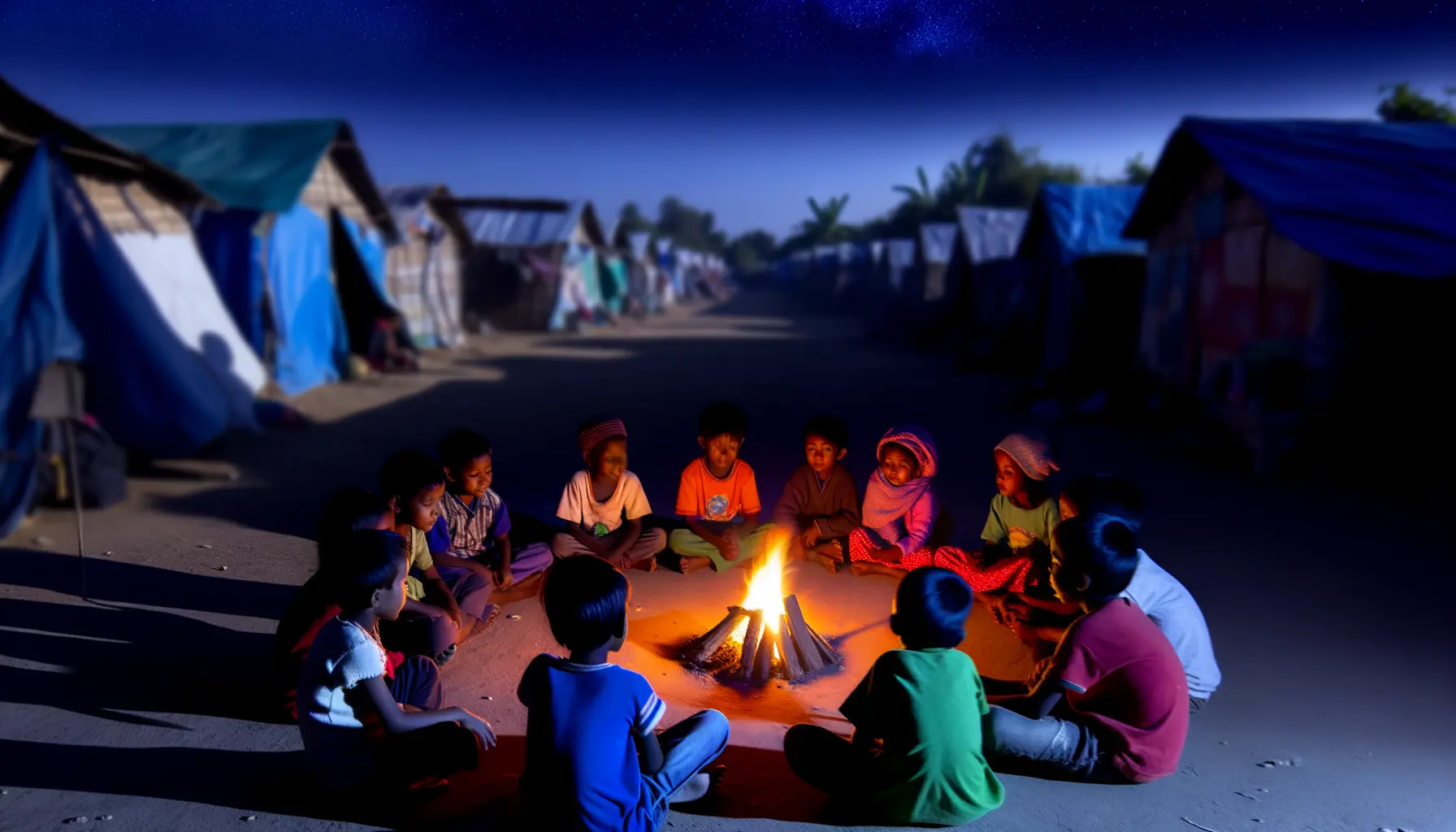 Kinder sitzen bei Nacht um ein Lagerfeuer