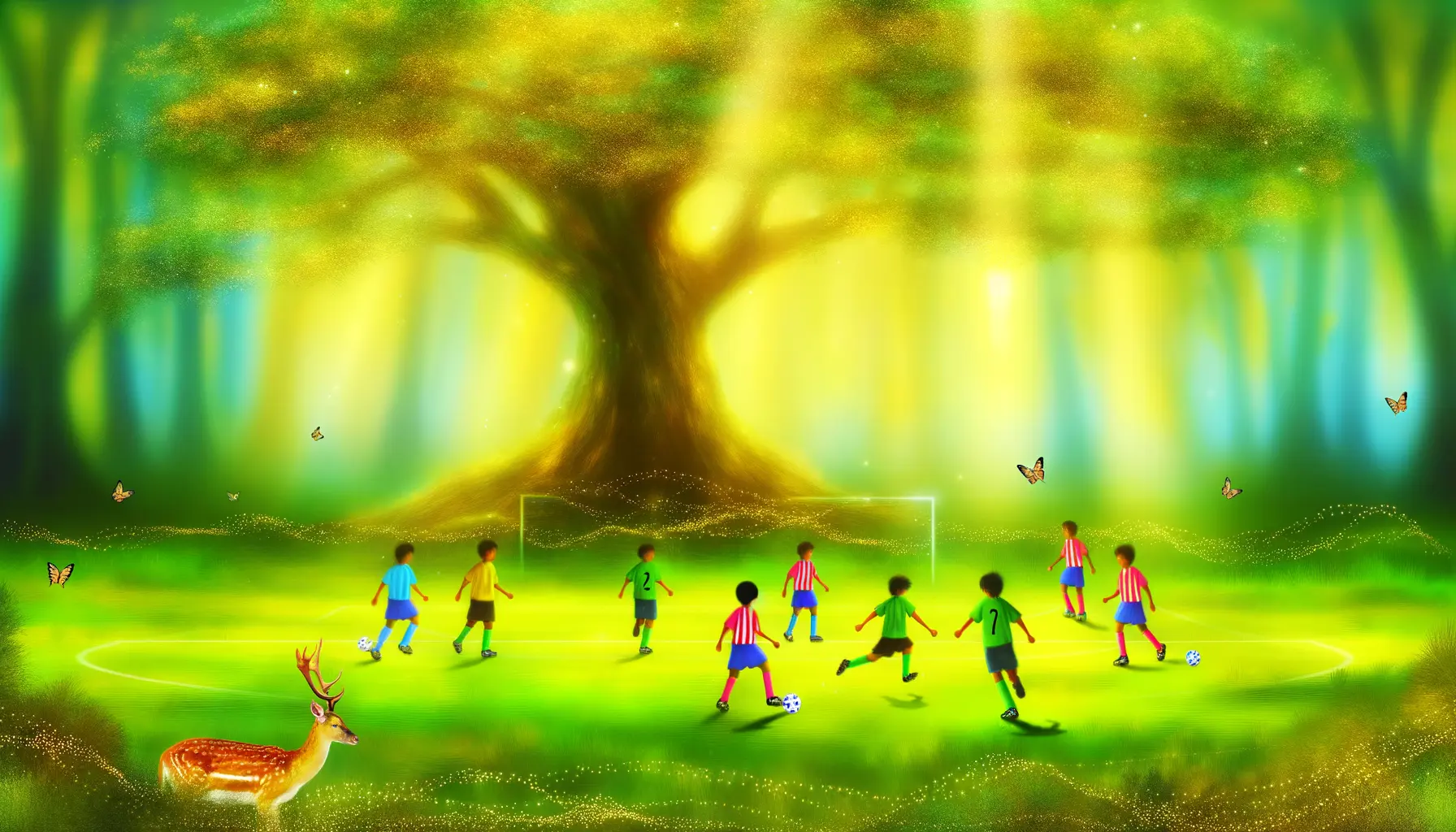 Kinder spielen Fußball im Wald