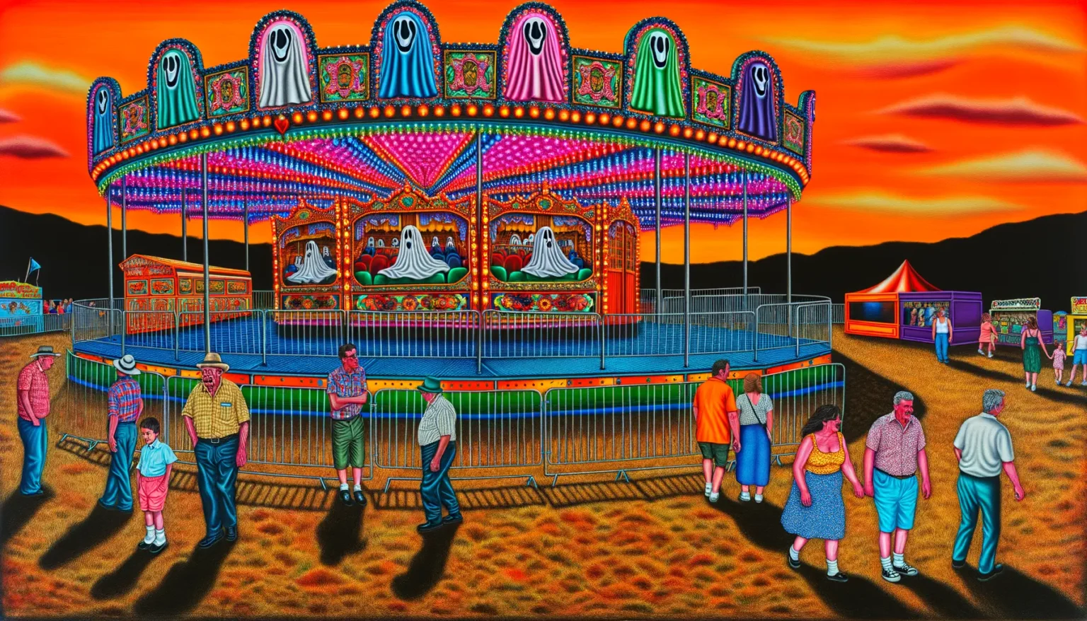 Leuchtender Jahrmarkt bei Sonnenuntergang mit einem Karussell, das von bunten Lichtern beleuchtet ist. Menschen spazieren über das Festgelände, manche stehen oder gehen paarweise, während im Hintergrund ein orange-roter Himmel über einem bergigen Horizont zu sehen ist.