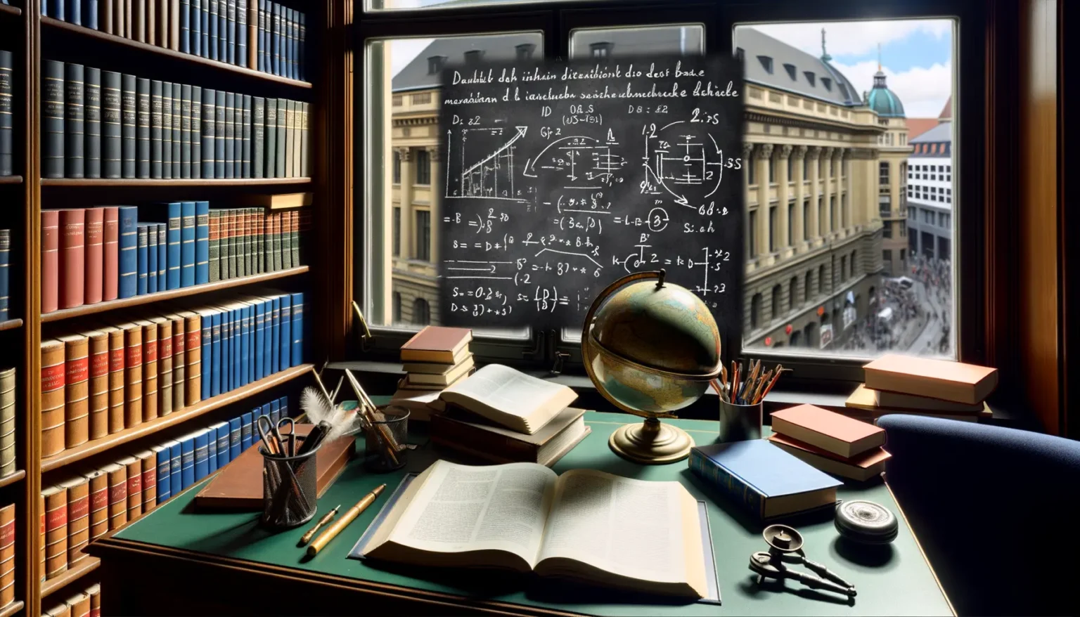 Klassisches Arbeitszimmer mit einem Schreibtisch, auf dem Bücher, ein geöffneter Globus, Schreibutensilien und eine Tafel mit mathematischen Formeln im Hintergrund liegen. Durch das Fenster ist ein Blick auf die belebte Straße mit historischen Gebäuden sichtbar.