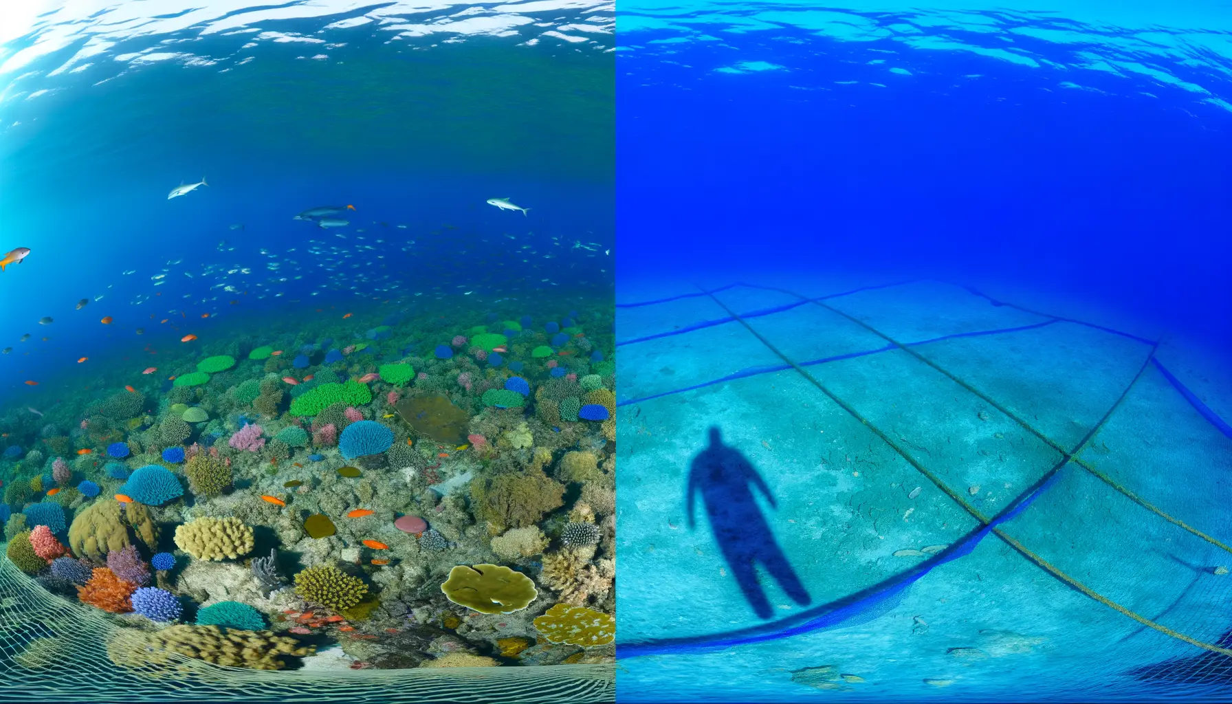 Kontrast zwischen einem gesunden und einem beeinträchtigten Meeresgebiet