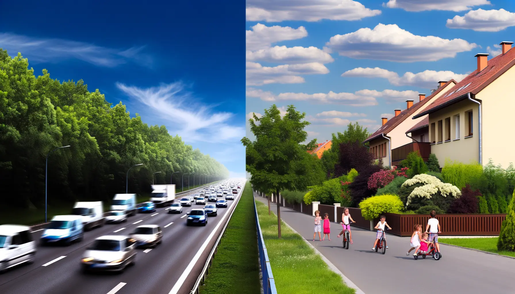 Kontrast Autobahn und Wohnviertel