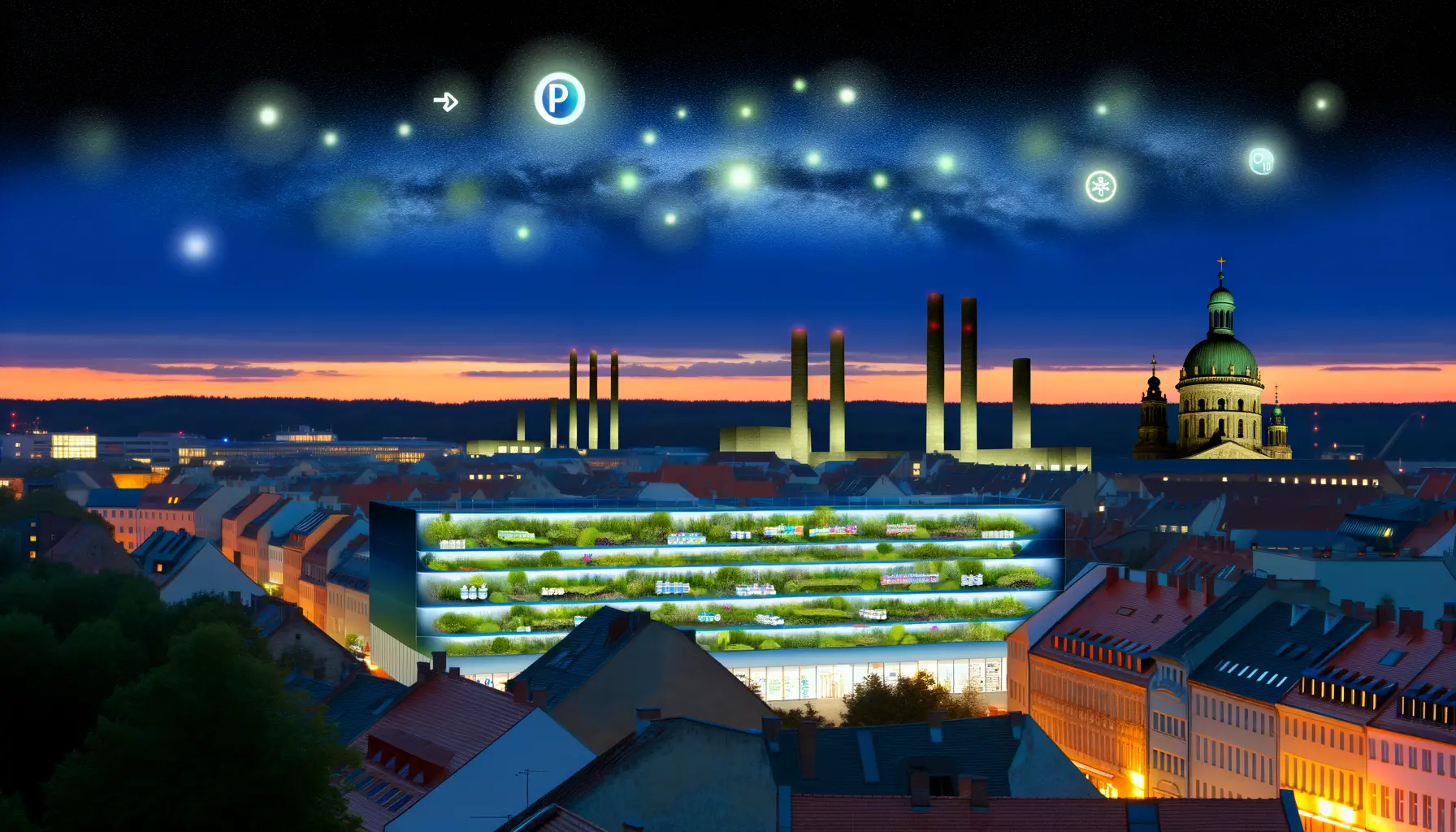 Abenddämmerung in Potsdam mit künstlerischer Darstellung der Zukunft von Apotheken