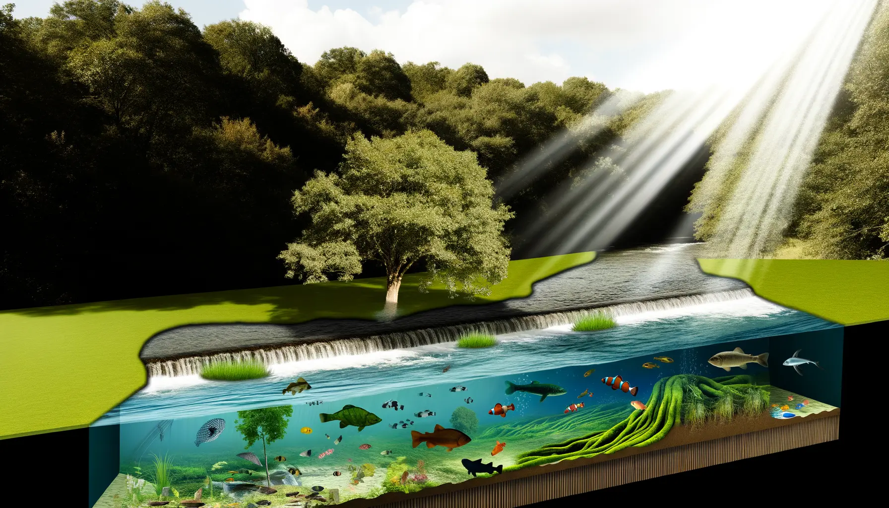 Künstlerische Darstellung eines Gewässer-Ökosystems