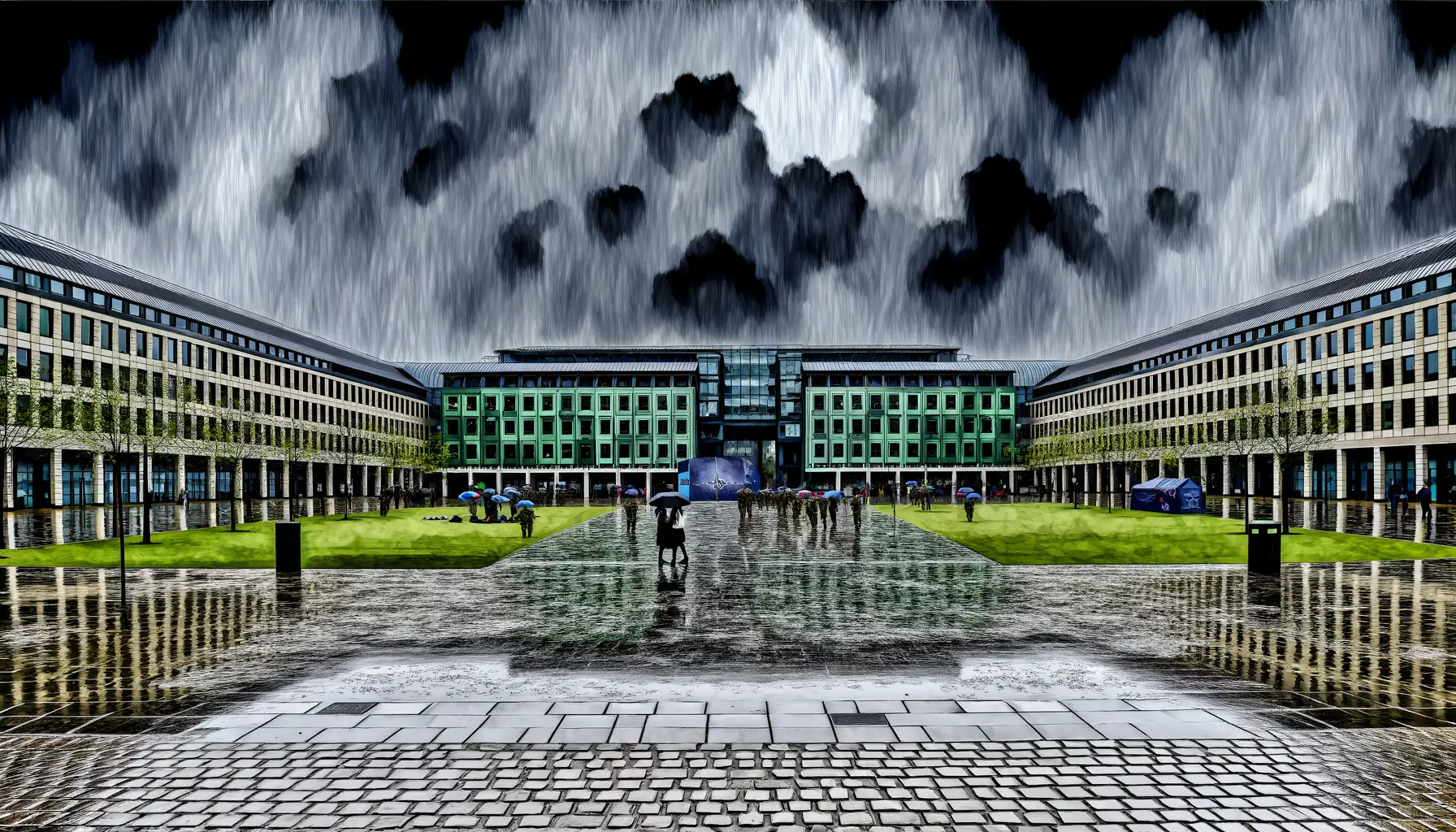 Künstlerische Darstellung des NATO-Hauptquartiers an einem regnerischen Tag in Großbritannien