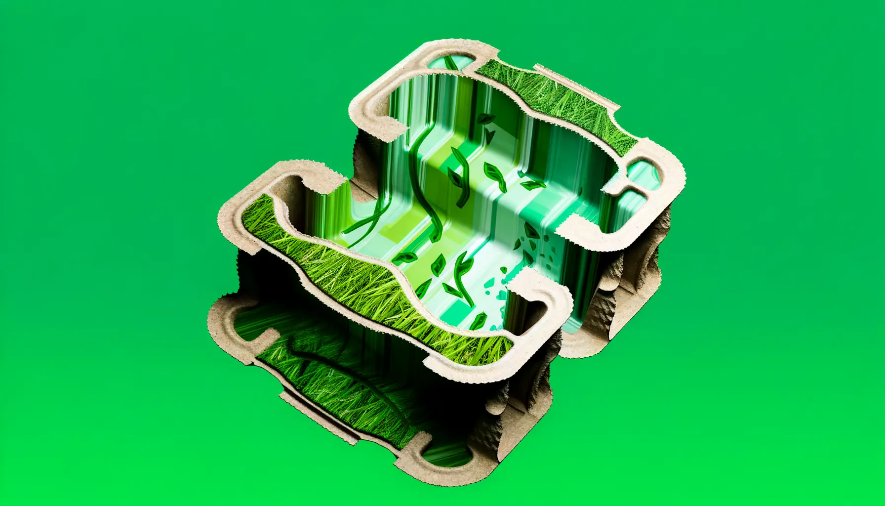 Künstlerische Verbundverpackung auf grünem Hintergrund