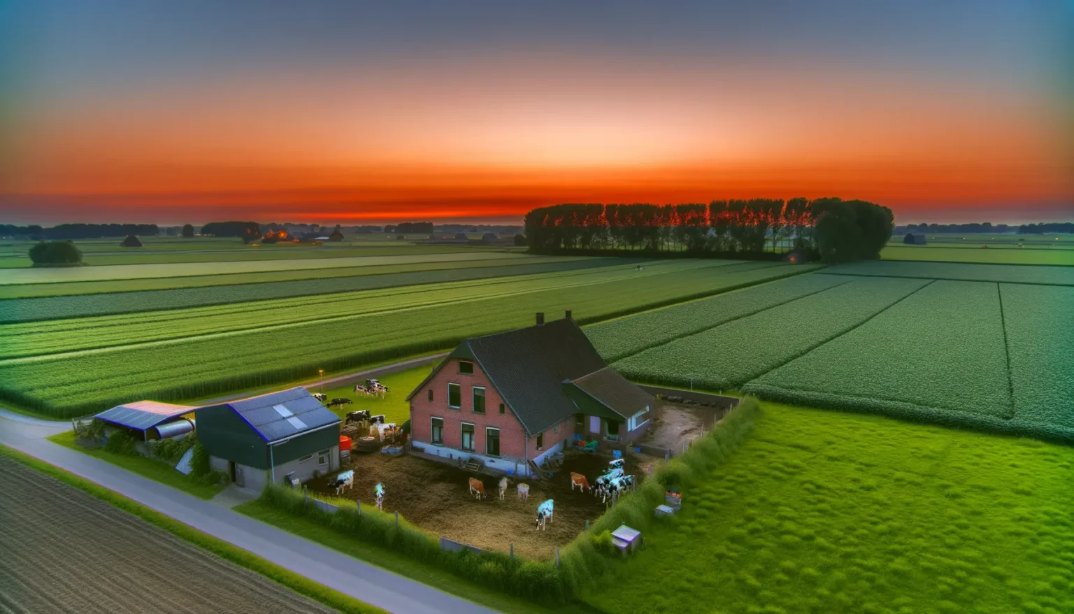 Ein idyllischer Bauernhof bei Sonnenuntergang mit markantem orangefarbenem Himmel im Hintergrund und weiten, gut abgegrenzten landwirtschaftlichen Feldern im Vordergrund. Im Zentrum befindet sich ein zweistöckiges Wohnhaus mit angrenzenden Stallungen und einem kleinen Viehbestand, einschließlich Kühen, die sich in einem umzäunten Bereich aufhalten.