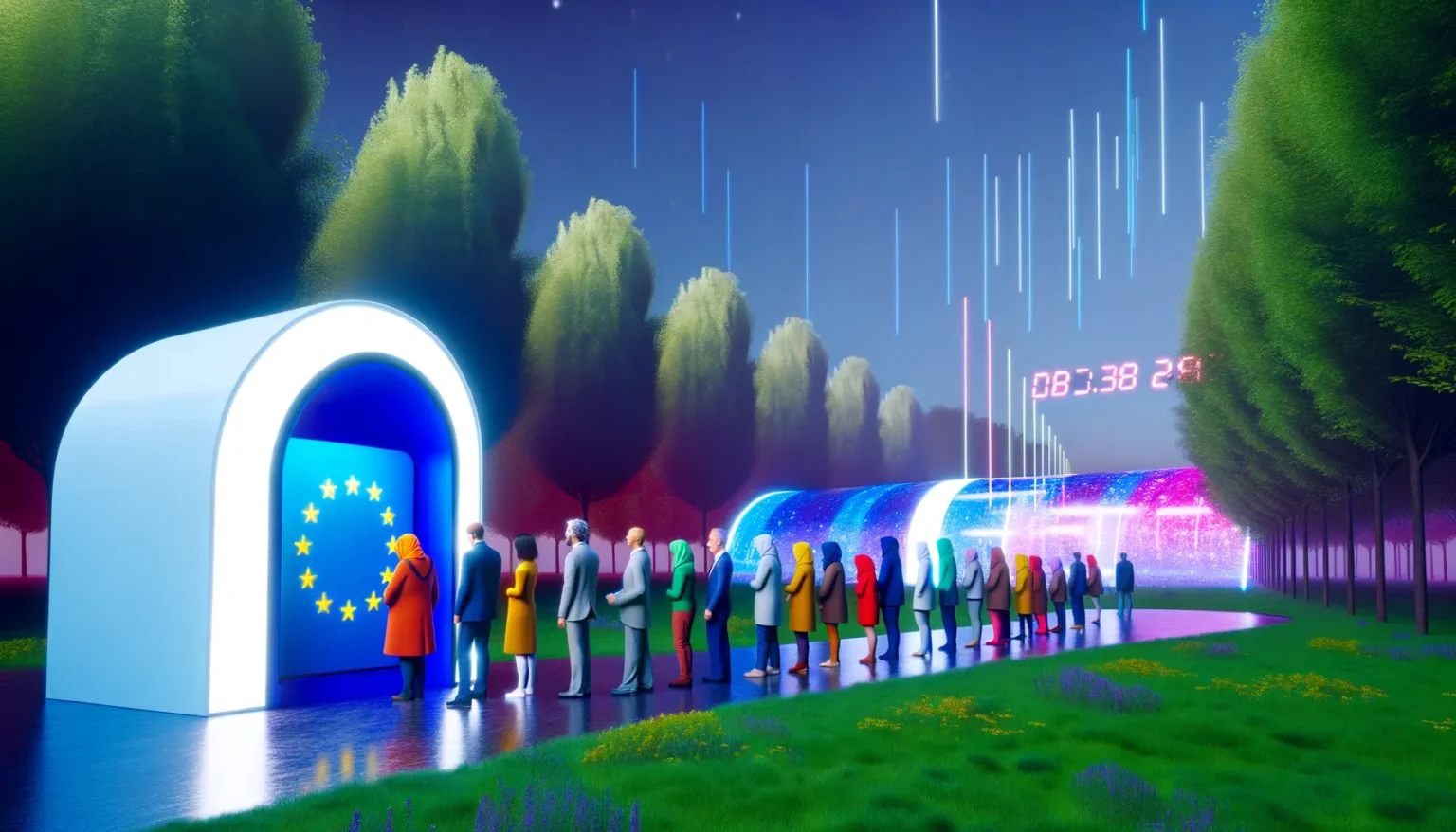 Eine Schlange von Menschen in bunten Kleidern wartet darauf, durch ein futuristisches Portal zu gehen, das mit EU-Sternen verziert ist, vor einem Hintergrund aus digitalen Bäumen und einem Sternenregen bei Nacht. Ein digitales Display zeigt "08:38 24°C".