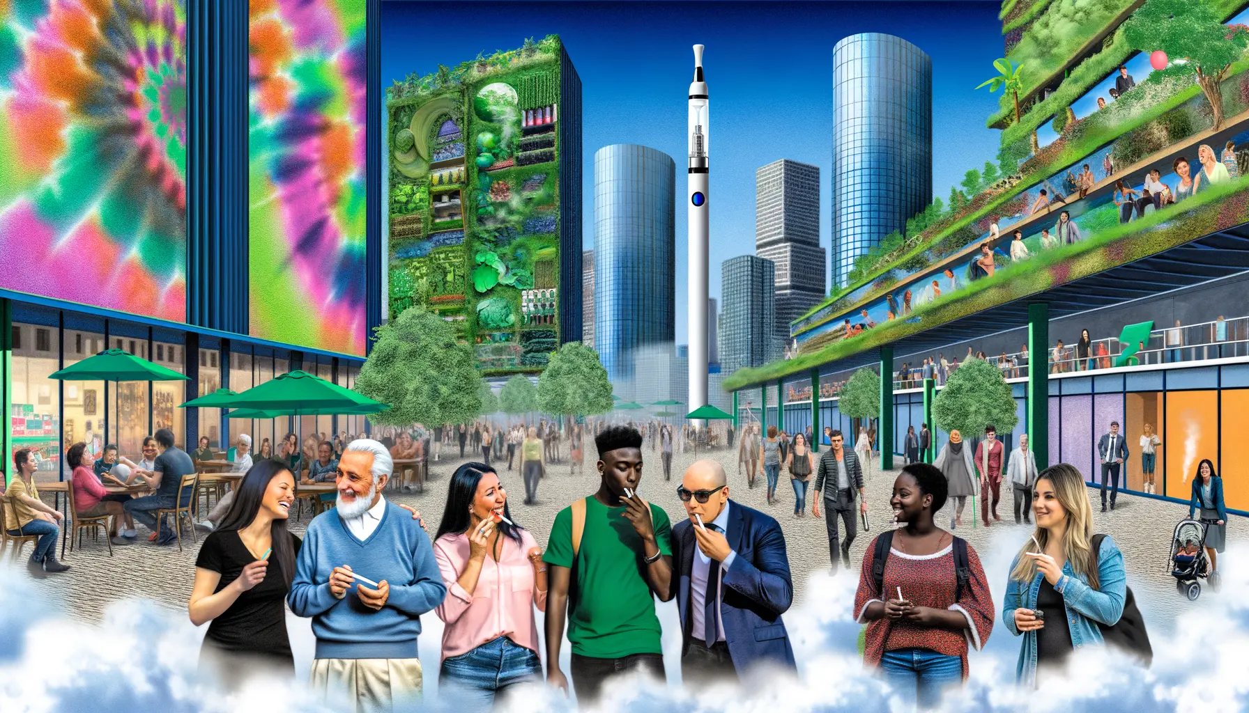 Lebendige Darstellung eines Stadtzentrums in der Zukunft