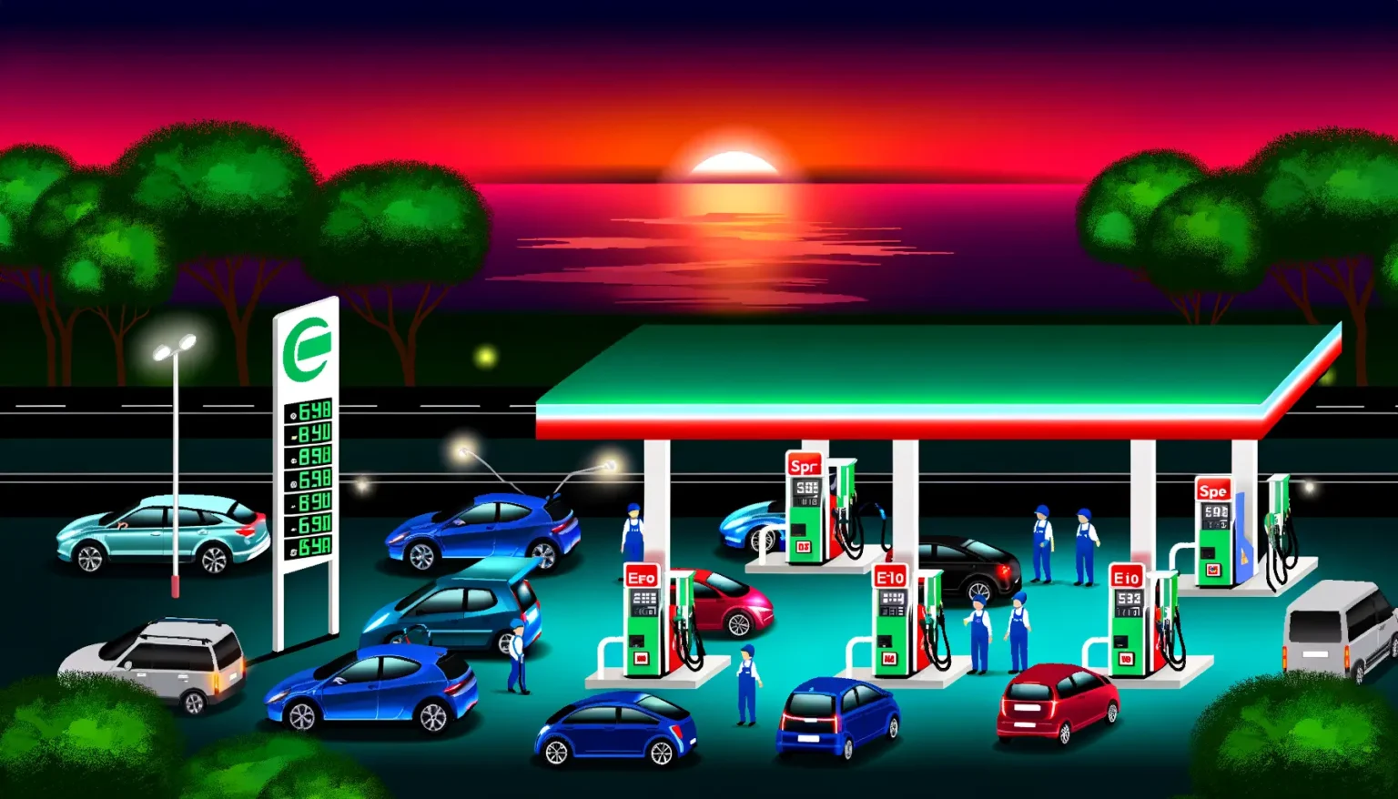 Eine illustrierte Szene einer Tankstelle bei Sonnenuntergang mit mehreren Autos, die betankt werden. Im Hintergrund geht die Sonne über dem Meer unter, und die Umgebung ist in rötlich-violette Töne getaucht. Preistafeln zeigen verschiedene Kraftstoffpreise an. Tankstellenmitarbeiter bedienen die Autos, während die Fahrer warten.