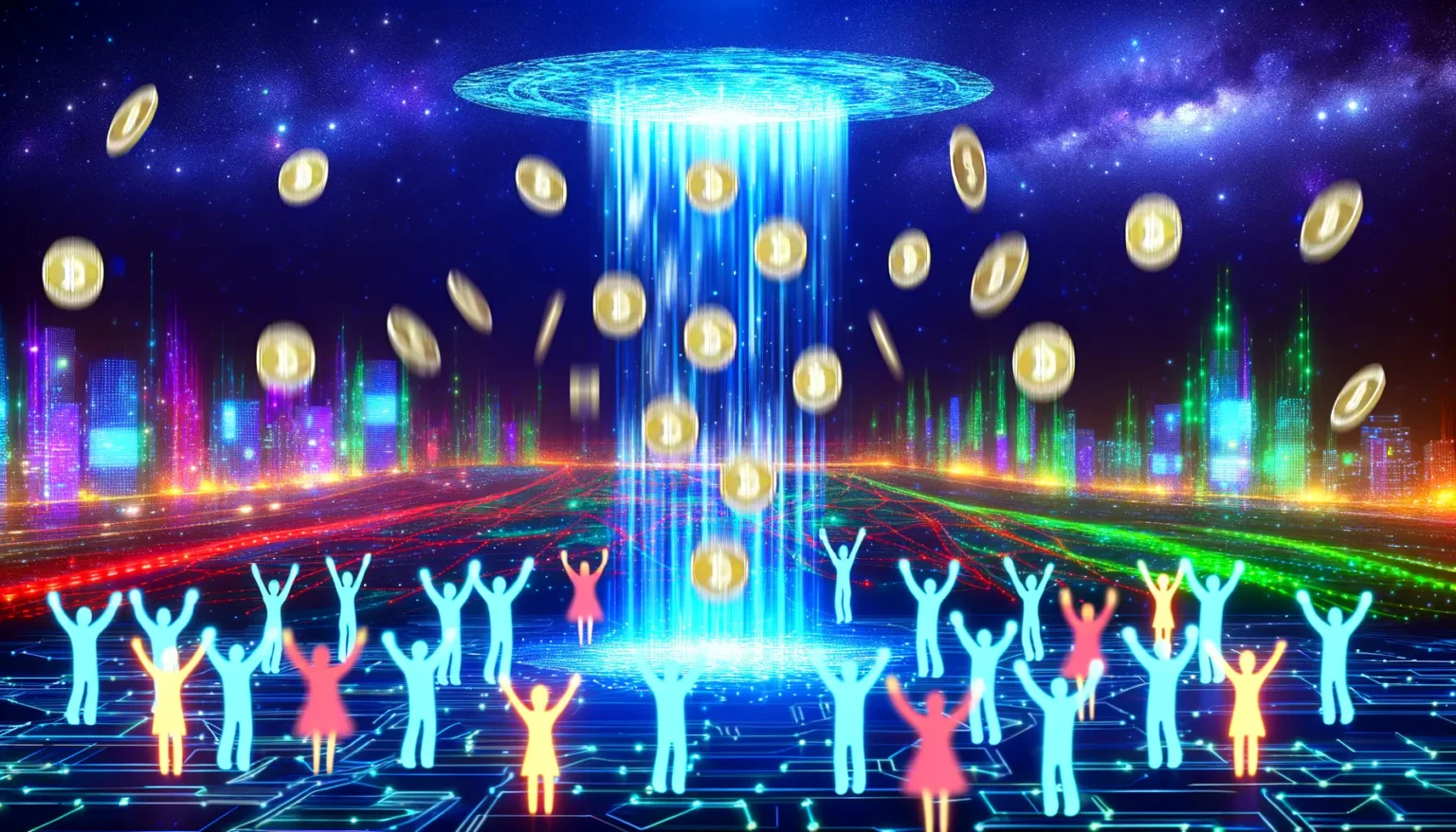 Digitale Darstellung einer futuristischen Stadt mit leuchtenden Neonfarben und einer Gruppe von stilisierten menschlichen Figuren, die Arme zum Himmel heben, als ob sie fallende Münzen auffangen würden, die von einer großen, scheibenförmigen Lichtquelle am Nachthimmel herabströmen.