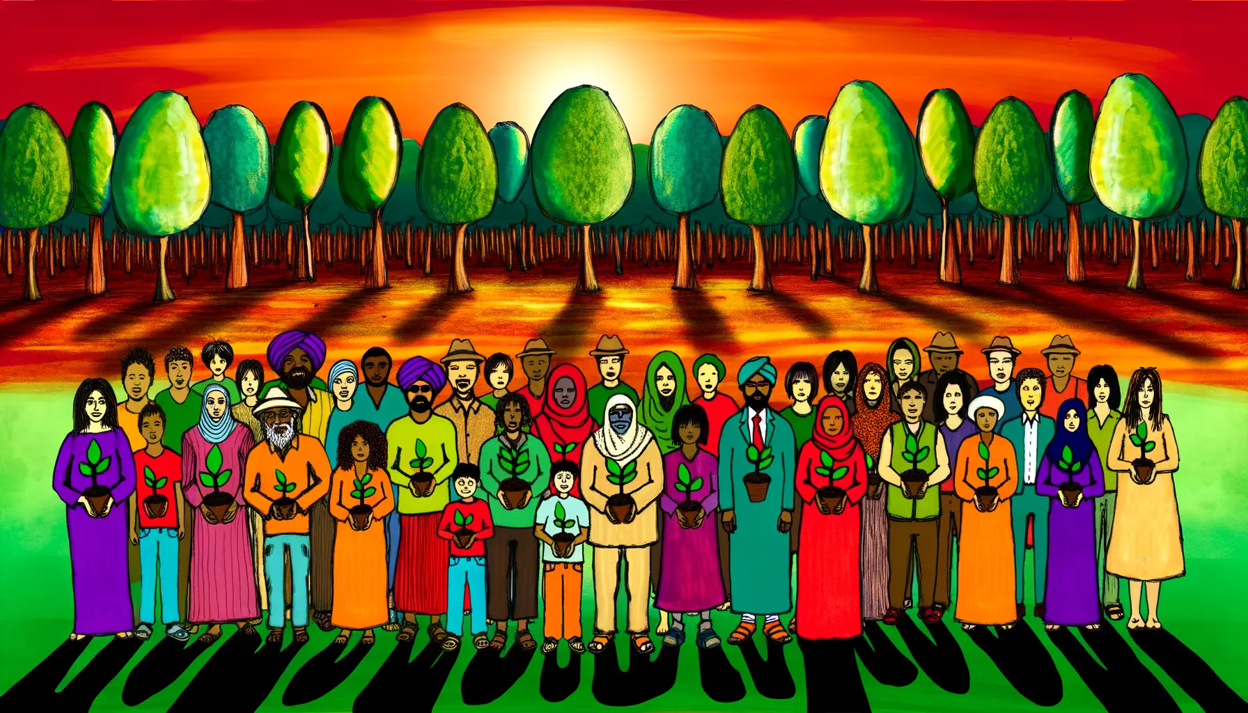 Lebendige Illustration einer Gruppe von Menschen und Pflanzen