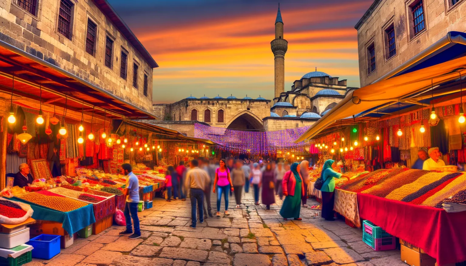 Lebendige Marktszene bei Sonnenuntergang mit verschiedenen Ständen, die Lebensmittel und Textilien verkaufen, vor der Kulisse einer Moschee mit einem Minarett. Menschen schlendern zwischen den Ständen hindurch unter einer Reihe von Lichterketten.